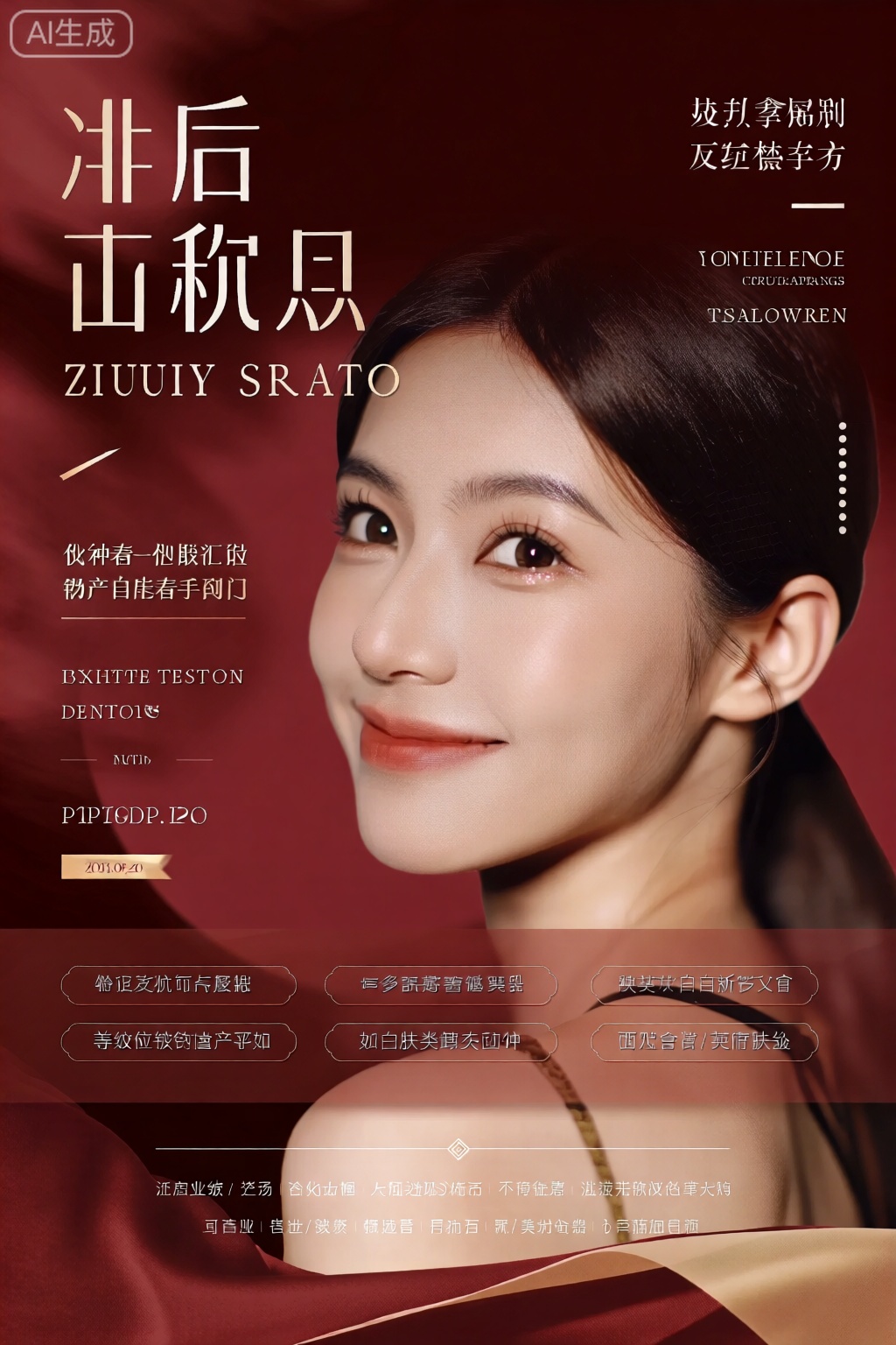 poster,画面中心是一张高级美业海报,主标题“美业新征程,邀您共赴”苍劲有力,副标题“焕启肌肤新生,邂逅至美自己”飘逸灵动。海报一侧标注活动时间“2025.09.10 - 2025.09.20”。旁边罗列美业各项功能功效,如美白、抗皱等。整体画面极具东方韵味。 