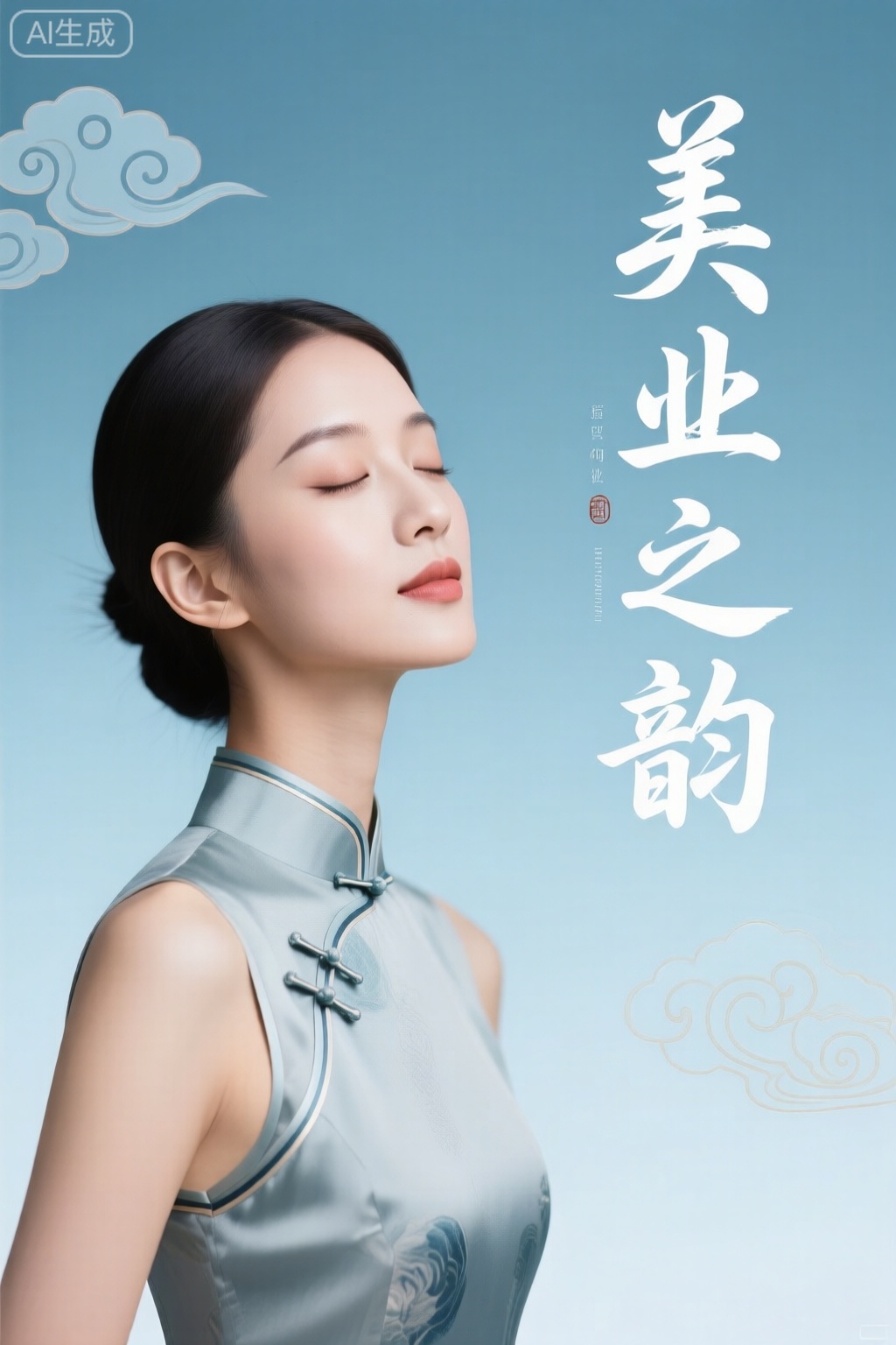 poster,一张简约高级的美业海报。画面主体是一位东方女性,她身着旗袍,微闭双眸,气质优雅。旁边用毛笔字写着“美业之韵”。背景是淡蓝色渐变,点缀着几枚传统云纹图案,整体画面简洁大方,彰显出美业独特的东方韵味与高端格调。 