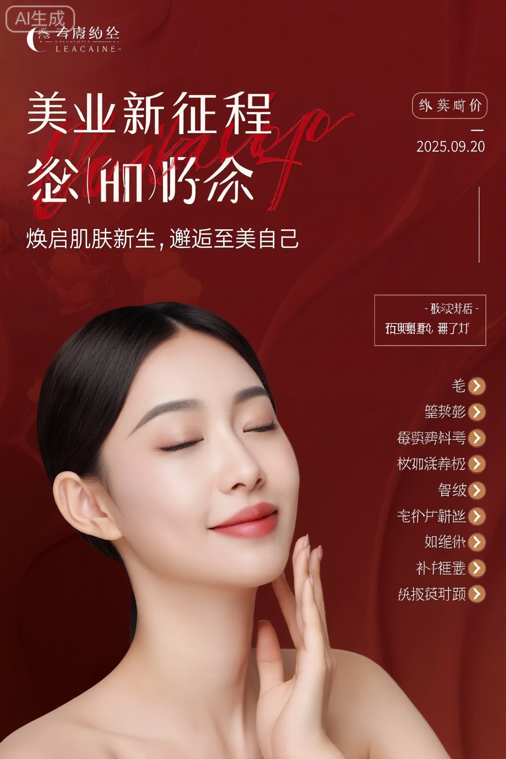 poster,画面中心是一张高级美业海报,主标题“美业新征程,邀您共赴”苍劲有力,副标题“焕启肌肤新生,邂逅至美自己”飘逸灵动。海报一侧标注活动时间“2025.09.10 - 2025.09.20”。旁边罗列美业各项功能功效,如美白、抗皱等。整体画面极具东方韵味。 