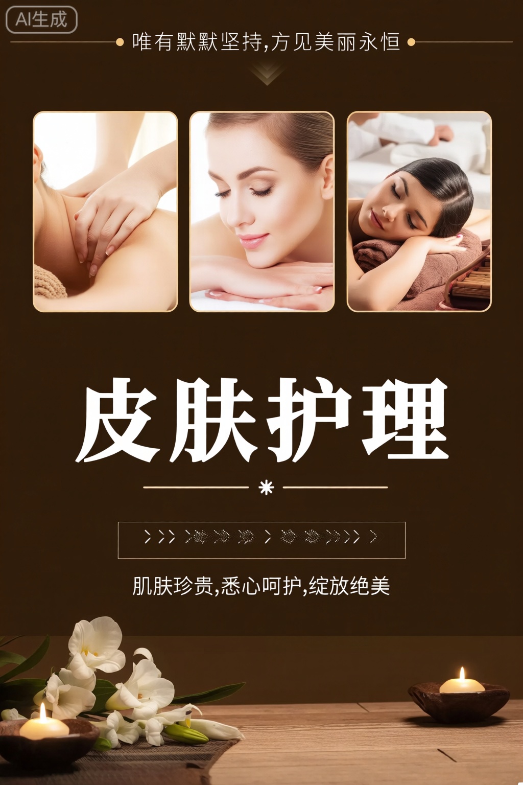 poster,画面顶部有“唯有默默坚持,方见美丽永恒”的中文标语。画面中有三幅小图,分别是肩颈按摩、女人特写、躺按摩桌场景。中间用大型白色字体突出“皮肤护理”。下方有白花与蜡烛装饰,底部写着“肌肤珍贵,悉心呵护,绽放绝美”。整体营造豪华宁静氛围。 