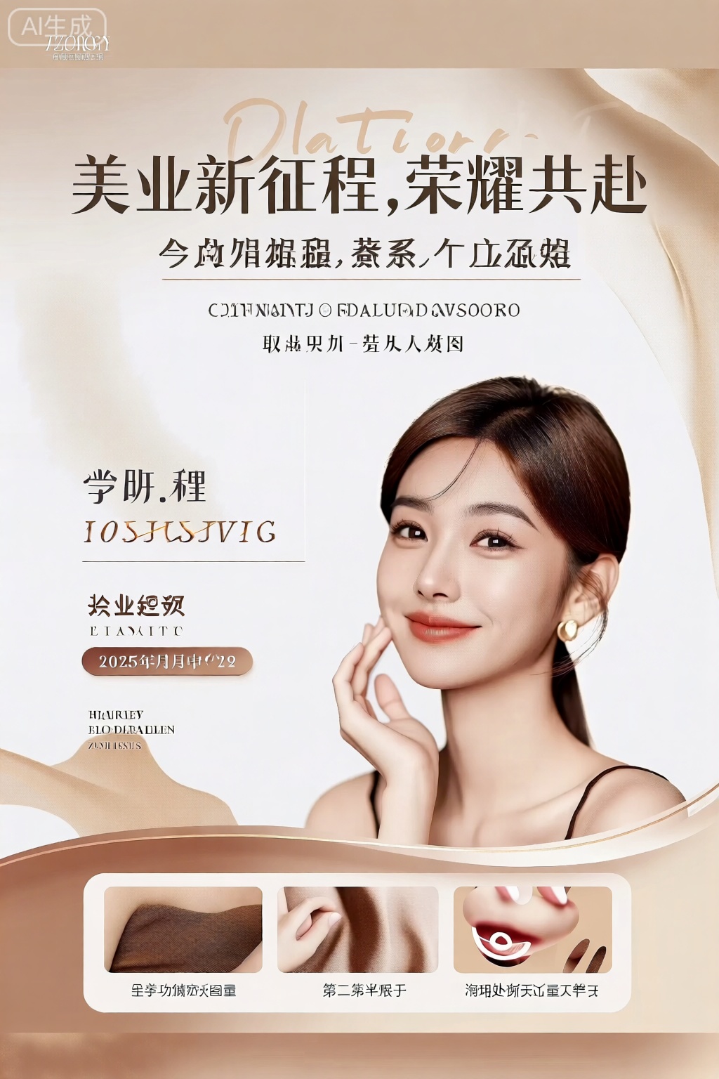 poster,画面以白色为背景,凸显高级感。主标题“美业新征程,荣耀共赴”大气醒目,副标题“共享美业功能,开启璀璨之约”点明主题。美业的功能共享内容以图文结合形式分布四周。下方清晰标注活动时间“2025年9月X日- X日”,整体尽显美业风采与中式韵味。 