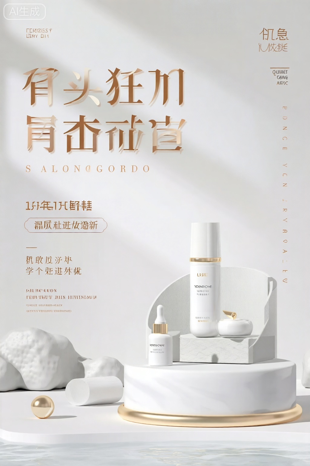 poster,画面以白色为主色调,高级感十足。居中的主标题用大气书法字体写就,旁边搭配精致副标题。下方标注清晰的活动时间。画面一侧展示美业产品及功效说明,有中文介绍。周围点缀美业相关元素,彰显美业魅力,吸引人们加入。 