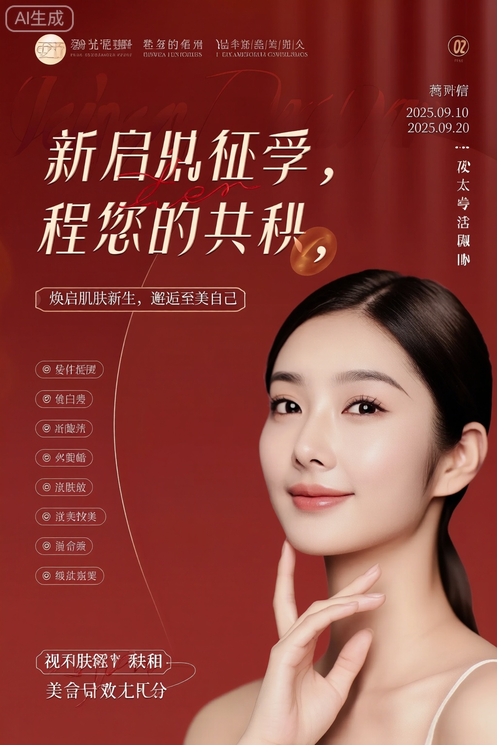 poster,画面中心是一张高级美业海报,主标题“美业新征程,邀您共赴”苍劲有力,副标题“焕启肌肤新生,邂逅至美自己”飘逸灵动。海报一侧标注活动时间“2025.09.10 - 2025.09.20”。旁边罗列美业各项功能功效,如美白、抗皱等。整体画面极具东方韵味。 