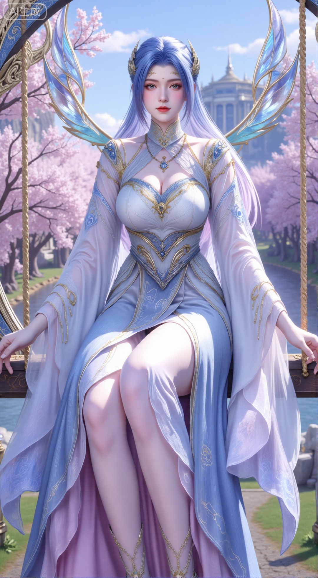 (masterpiece, top quality, best quality, official art, beautiful and aesthetic:1.2),Dynamic posture,(Sitting on the swing:1.39),natural skin texture,(Milky skin:1.2),1gir,solo,long Dress, (Long legs, perfect proportions:1.2),(Sakura, butterfly:1.29),(huge breasts:2.99),(full breasts:2.99),Wisteria, wisteria flowers, castle, waterfall, mountains in the distance,,XbaifengsongyuYH,Xbigbreasts,Xyehuiling,XtangwutongXnb