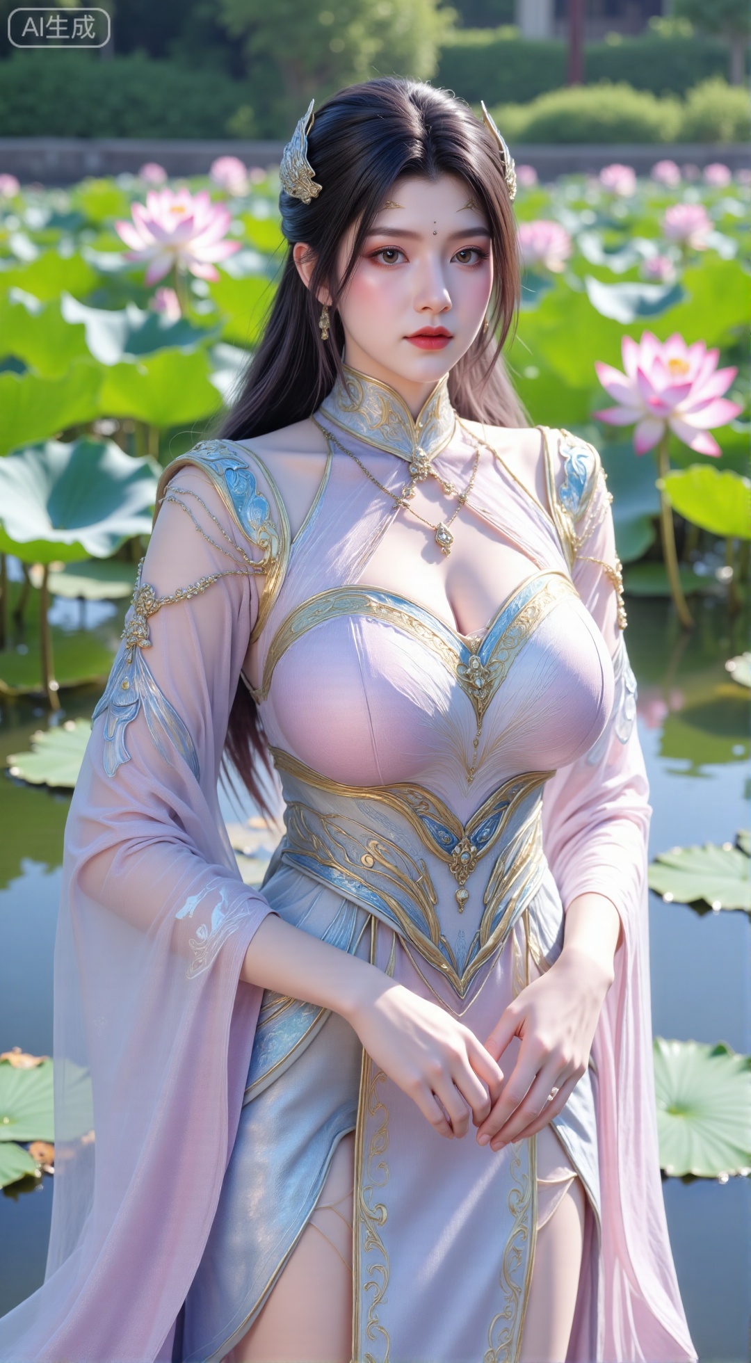 (masterpiece, best quality:1.2),1girl, navel, solo, midriff, bare shoulders, hair ornament,(long hair), red lips, BREAK, (looking at viewer:1.39), chinese clothes,(Holographic Color long dress:1.36), (lace,Rainbow Gradient Color:1.28), BREAK,blurry, solo focus, long hair, lips, daytime, lipstick, outdoors, standing,upper body,(huge breasts:2.89), background, solo, makeup,(Stockings, high heels:1.29),(huge breasts:2.99),(full breasts:2.99),,(Background with lotus pond and lotus flowers:1.39),,XbaifengsongyuYH,Xbigbreasts,Xyehuiling,XtangwutongXnb