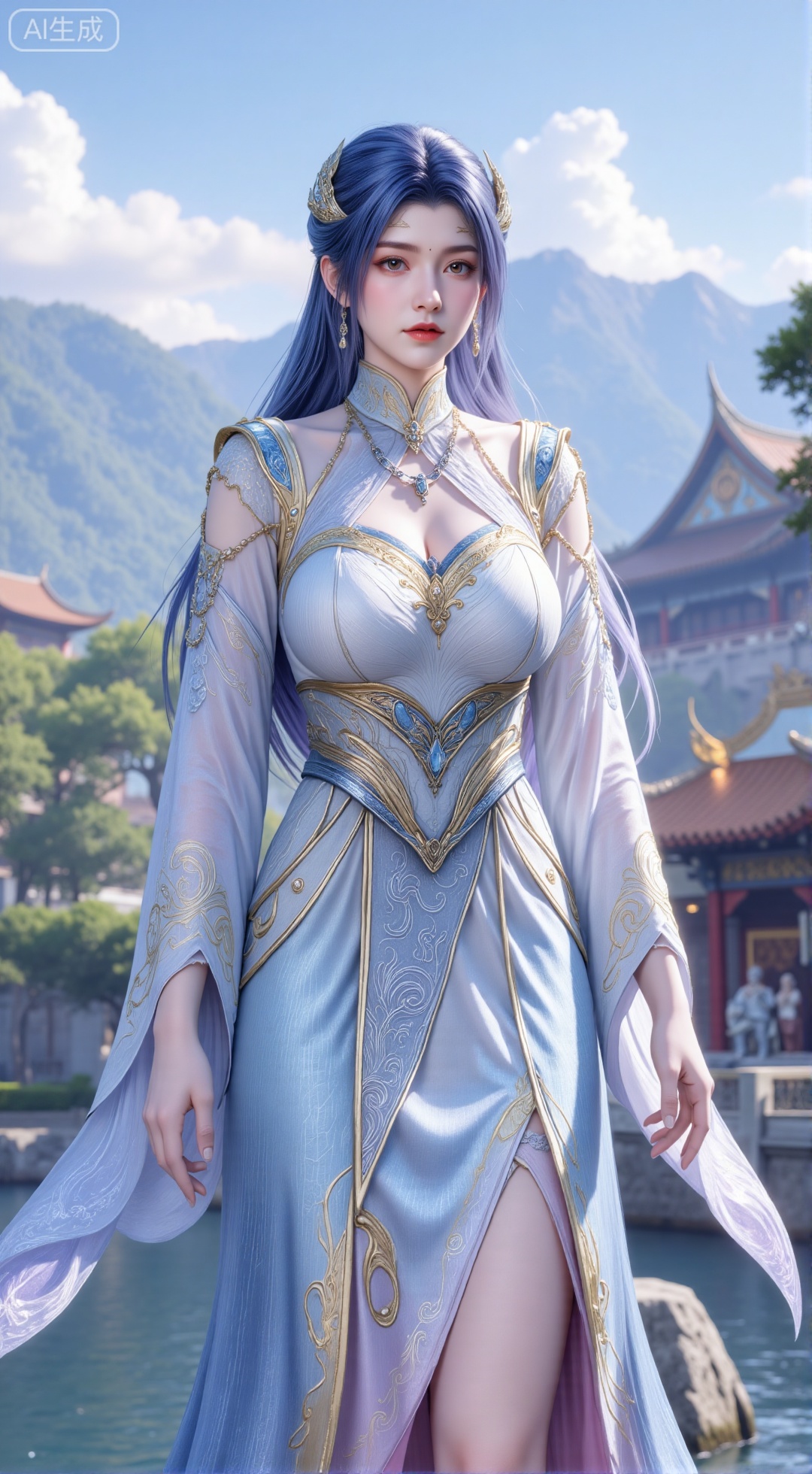 (masterpiece, best quality:1.2),1 girl, solo, long hair, hair accessories, clothing, long dress, jewelry, upper body, earrings. Background is outdoor, sky, clouds, water, trees, architecture, landscape, lantern, mountain, dragon, architecture, bridge, east Asian architecture, fog, pagoda,,(huge breasts:2.99),(full breasts:2.99),,,XbaifengsongyuYH,Xbigbreasts,Xyehuiling,XtangwutongXnb