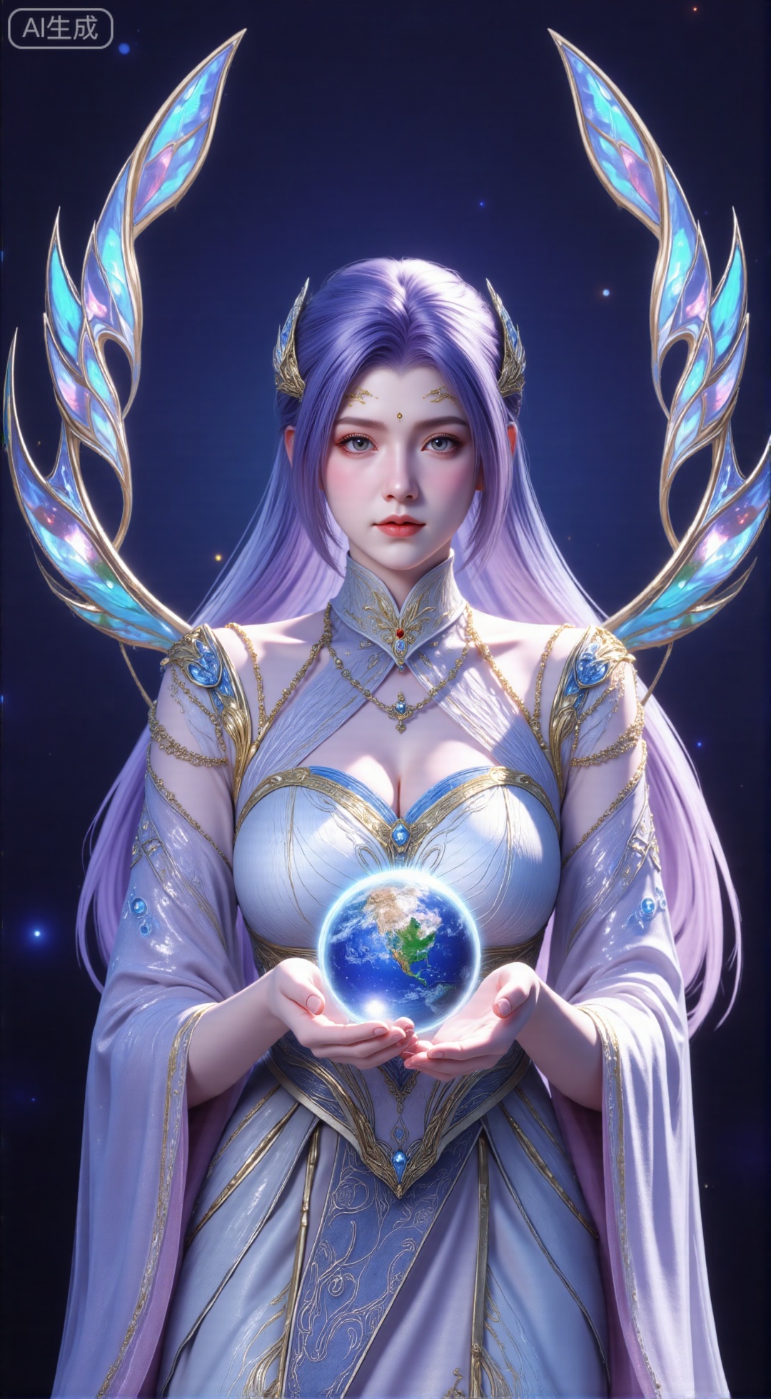 (masterpiece, best quality:1.2),Realistic details, ultra-clear, wallpaper, 8k, masterpiece, masterpiece, best quality, high quality, flowing long hair, exquisite hair accessories, headdresses, cyberpunk electronic luminous clothing, full body multi-luminous line light strips, cyberpunk luminous lines colorful. The sacred light, the cosmic space background, the planets of different colors around, the nebula flows, the stars twinkle, the golden willow branches stretch, holding an earth with both hands, the details of the earth's surface, the texture of mountains, rivers and oceans, the surrounding planets, planets of all sizes, traces of planets orbits, dreamy light and shadow effects.,(huge breasts:2.99),(full breasts:2.99),XbaifengsongyuYH,Xbigbreasts,Xyehuiling,XtangwutongXnb
