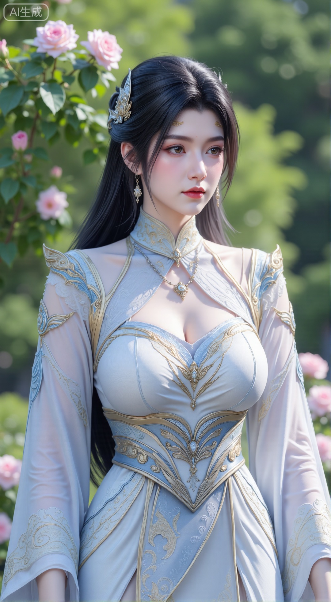 (masterpiece:1.2),best quality,,A woman adorned in traditional Chinese attire,(long dress,black long hair),featuring a flowing robe with intricate embroidery and floral accents. A garden filled with pink roses and lush greenery. Soft pastel hues of white,blue,and green,creating a serene atmosphere. Photorealistic photography.,(huge breasts:2.99),(full breasts:2.99),,XbaifengsongyuYH,Xbigbreasts,Xyehuiling,XtangwutongXnb