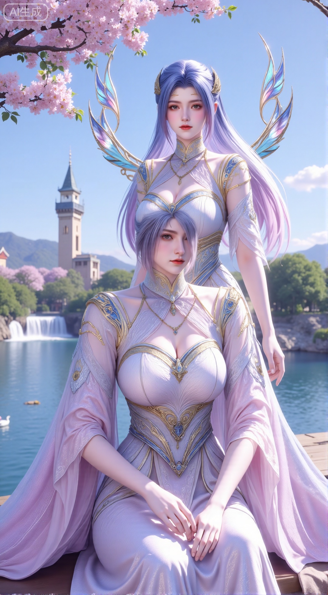 (masterpiece, top quality, best quality, official art, beautiful and aesthetic:1.2),Dynamic posture,(Sitting on the swing:1.39),natural skin texture,(Milky skin:1.2),1gir,solo,long Dress, (Long legs, perfect proportions:1.2),(Sakura, butterfly:1.29),(huge breasts:2.99),(full breasts:2.99),Wisteria, wisteria flowers, castle, waterfall, mountains in the distance,,XbaifengsongyuYH,Xbigbreasts,Xyehuiling,XtangwutongXnb