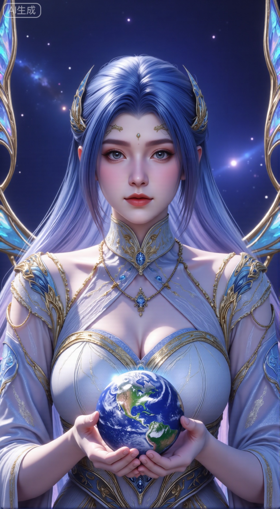 (masterpiece, best quality:1.2),Realistic details, ultra-clear, wallpaper, 8k, masterpiece, masterpiece, best quality, high quality, flowing long hair, exquisite hair accessories, headdresses, cyberpunk electronic luminous clothing, full body multi-luminous line light strips, cyberpunk luminous lines colorful. The sacred light, the cosmic space background, the planets of different colors around, the nebula flows, the stars twinkle, the golden willow branches stretch, holding an earth with both hands, the details of the earth's surface, the texture of mountains, rivers and oceans, the surrounding planets, planets of all sizes, traces of planets orbits, dreamy light and shadow effects.,(huge breasts:2.99),(full breasts:2.99),XbaifengsongyuYH,Xbigbreasts,Xyehuiling,XtangwutongXnb