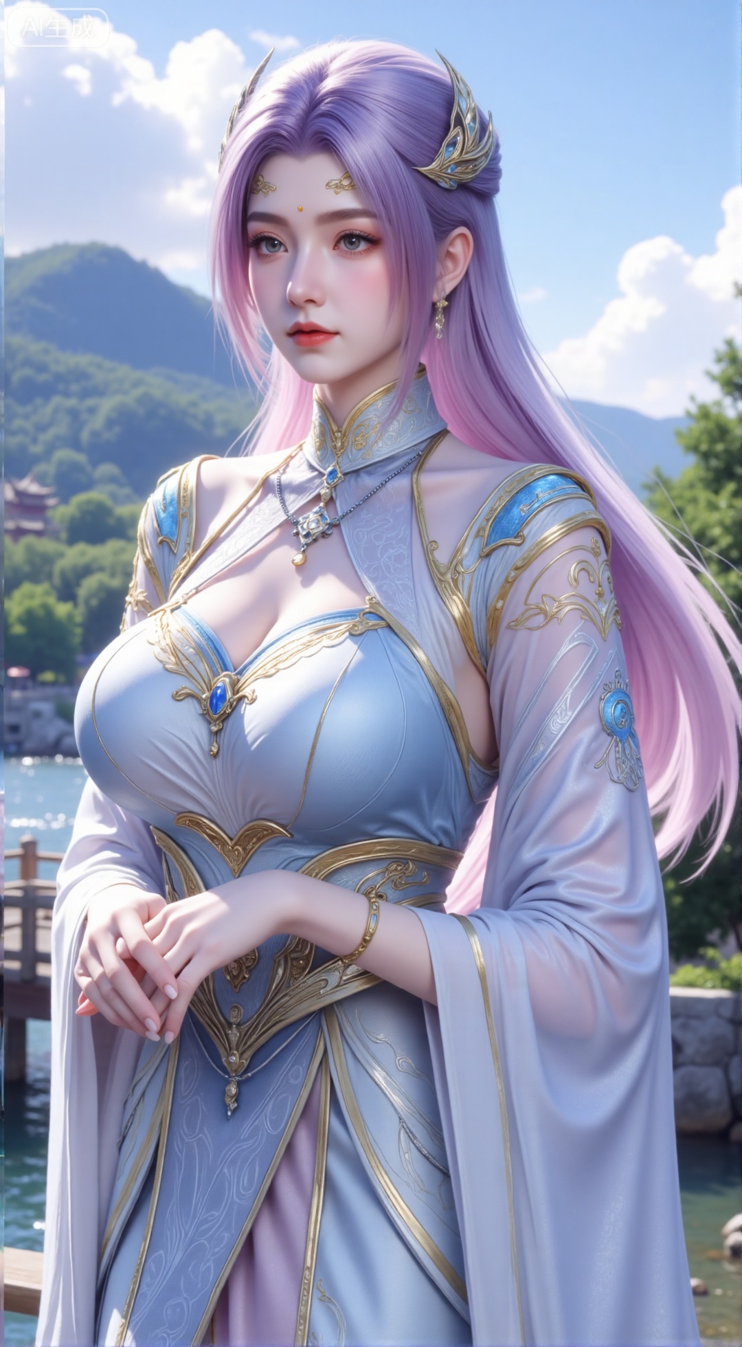 (masterpiece, best quality:1.2),1 girl, solo, long hair, hair accessories, clothing, long dress, jewelry, upper body, earrings. Background is outdoor, sky, clouds, water, trees, architecture, landscape, lantern, mountain, dragon, architecture, bridge, east Asian architecture, fog, pagoda,,(huge breasts:2.99),(full breasts:2.99),,,XbaifengsongyuYH,Xbigbreasts,Xyehuiling,XtangwutongXnb