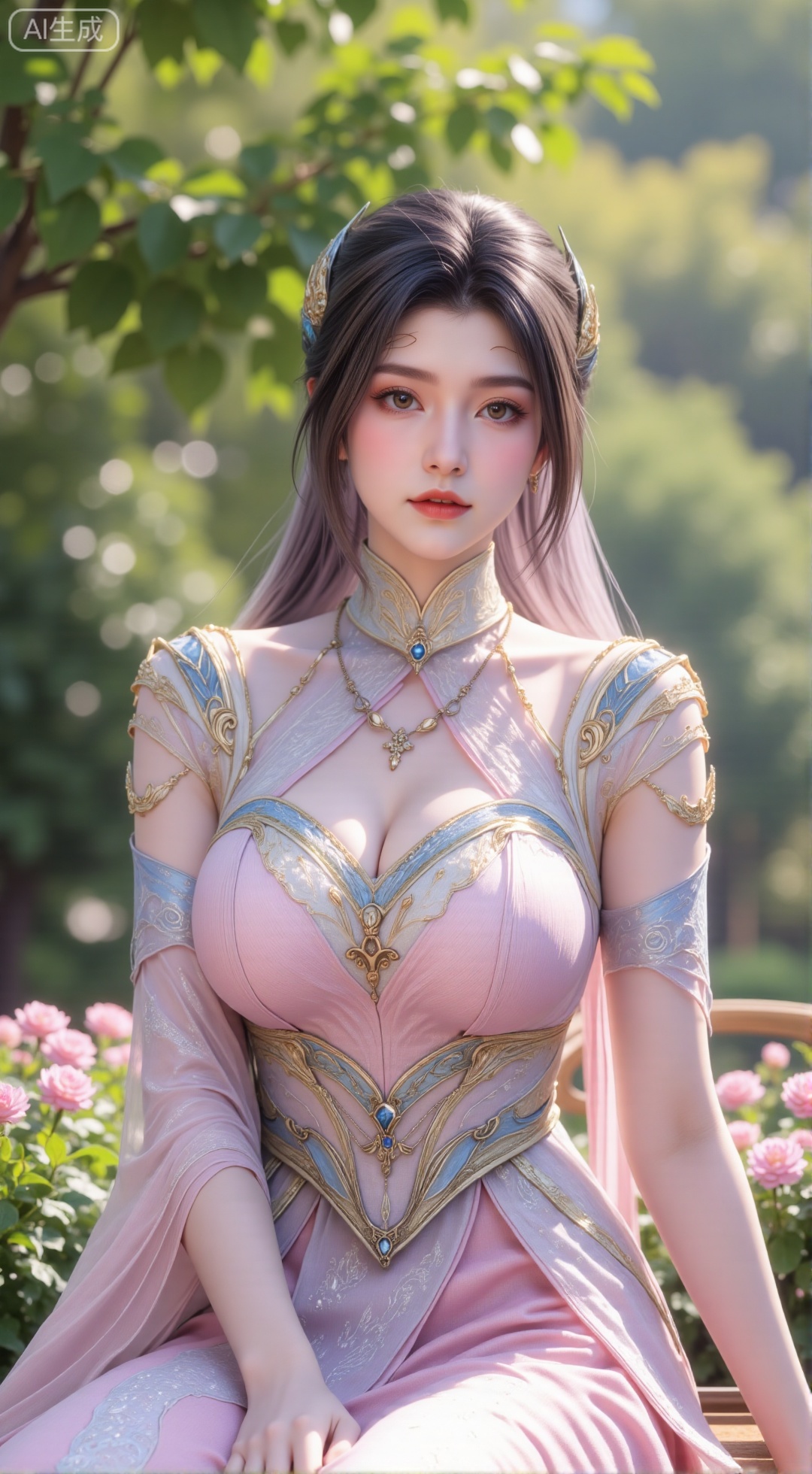 (masterpiece, best quality:1.2),A beauty ,(dress). Leaning on a garden bench filled with macaron - colored flowers,.Sunlight filters through the leaves onto her face, creating a lazy and gentle atmosphere, and her skirt sways softly in the breeze. 8K resolution, detailed texture of knitted fabric, lustrous pearl texture, vivid flower colors, soft natural light, Instagram - style filter texture.,(huge breasts:2.99),(full breasts:2.99),,XbaifengsongyuYH,Xbigbreasts,Xyehuiling,XtangwutongXnb