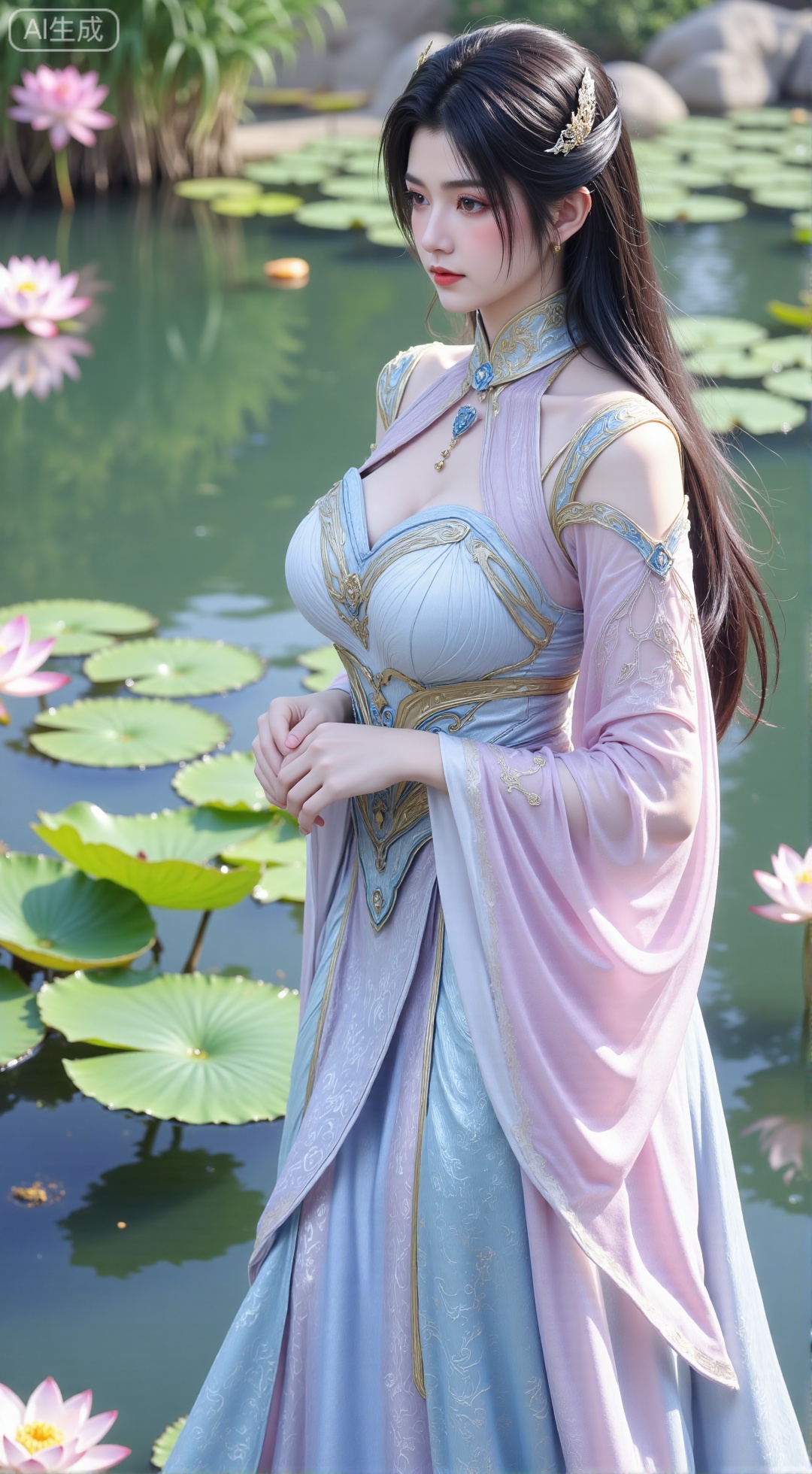 (masterpiece, best quality:1.2),1girl, navel, solo, midriff, bare shoulders, hair ornament,(long hair), red lips, BREAK, (looking at viewer:1.39), chinese clothes,(Holographic Color long dress:1.36), (lace,Rainbow Gradient Color:1.28), BREAK,blurry, solo focus, long hair, lips, daytime, lipstick, outdoors, standing,upper body,(huge breasts:2.89), background, solo, makeup,(Stockings, high heels:1.29),(huge breasts:2.99),(full breasts:2.99),,(Background with lotus pond and lotus flowers:1.39),,XbaifengsongyuYH,Xbigbreasts,Xyehuiling,XtangwutongXnb