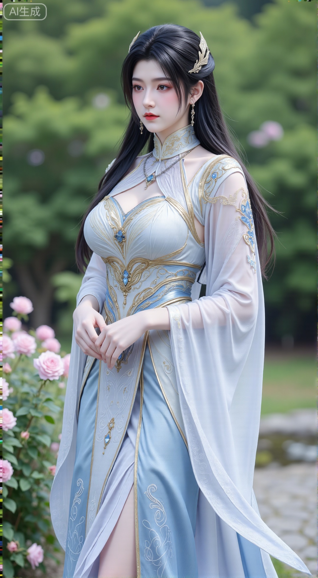 (masterpiece:1.2),best quality,,A woman adorned in traditional Chinese attire,(long dress,black long hair),featuring a flowing robe with intricate embroidery and floral accents. A garden filled with pink roses and lush greenery. Soft pastel hues of white,blue,and green,creating a serene atmosphere. Photorealistic photography.,(huge breasts:2.99),(full breasts:2.99),,XbaifengsongyuYH,Xbigbreasts,Xyehuiling,XtangwutongXnb