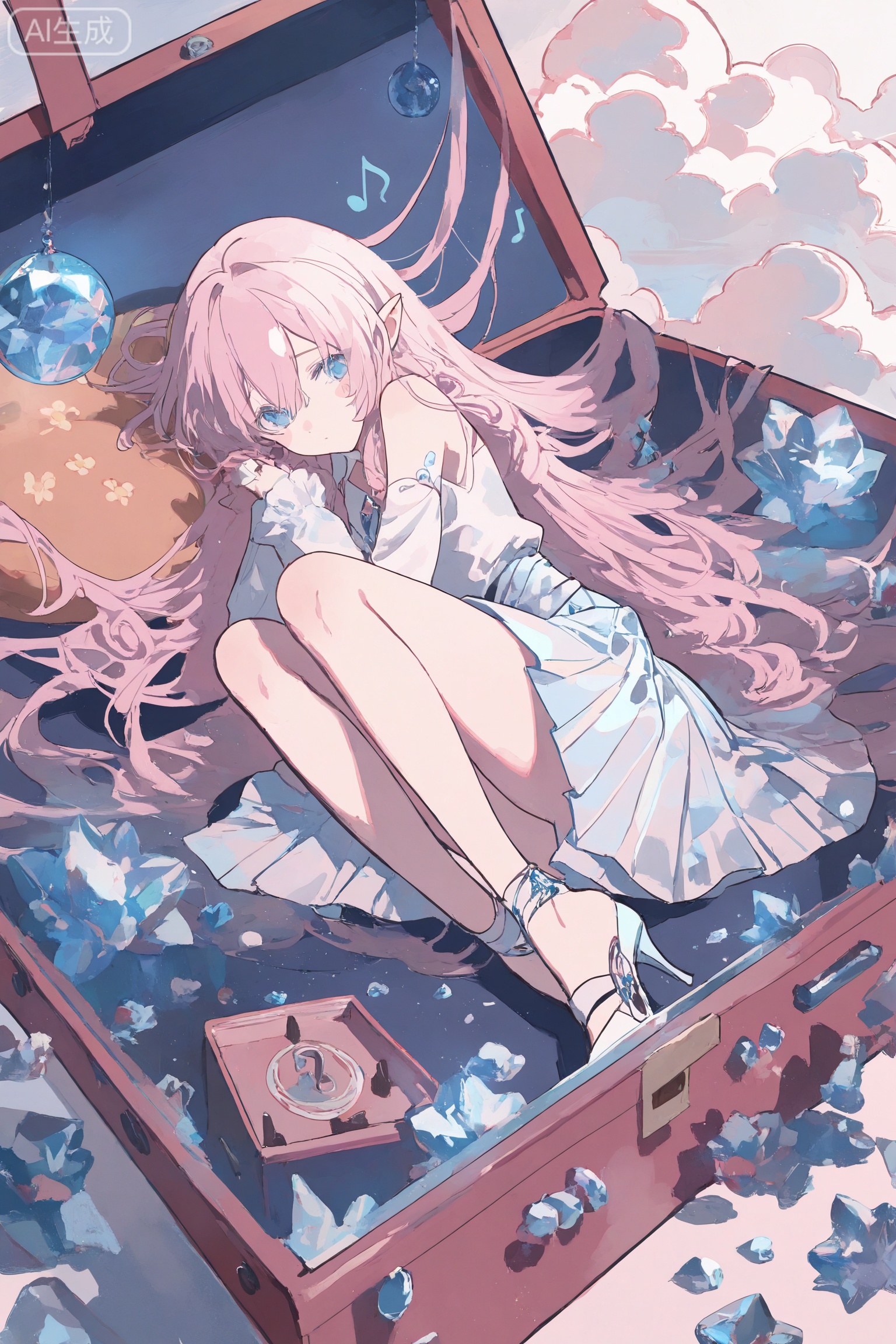 Dreamy watercolor style, soft smudged brushstrokes, sweet elements, copyright description frame, girl's body, light pink curly hair (the ends are curled, hanging from the gap of the half-open box lid, wrapping around the wheel of the box), creamy white satin skirt (the hem is fluffy, squeezed on the velvet in the box, the corners of the skirt are embossed with piano keys, and the neckline Swarovski crystal flashes with the action), gauze sleeve (the note track at the sleeve edge, one sleeve slides down, floating next to the cloud cushion in the box), fragile and gorgeous temperament, looking outward, you can see the girl being trapped in the transparent edge crystal music box, (the side length is 50cm, the lid is half open, with velvet bottom, mini piano, cloud cushion, rotating gear), knees against the inner wall of the box, back is attached to the bottom of the box, arms are crossed to the chest, eyes are confused looking out (through the gap of the half-open box lid ), matched with love and musical notes decorative stickers