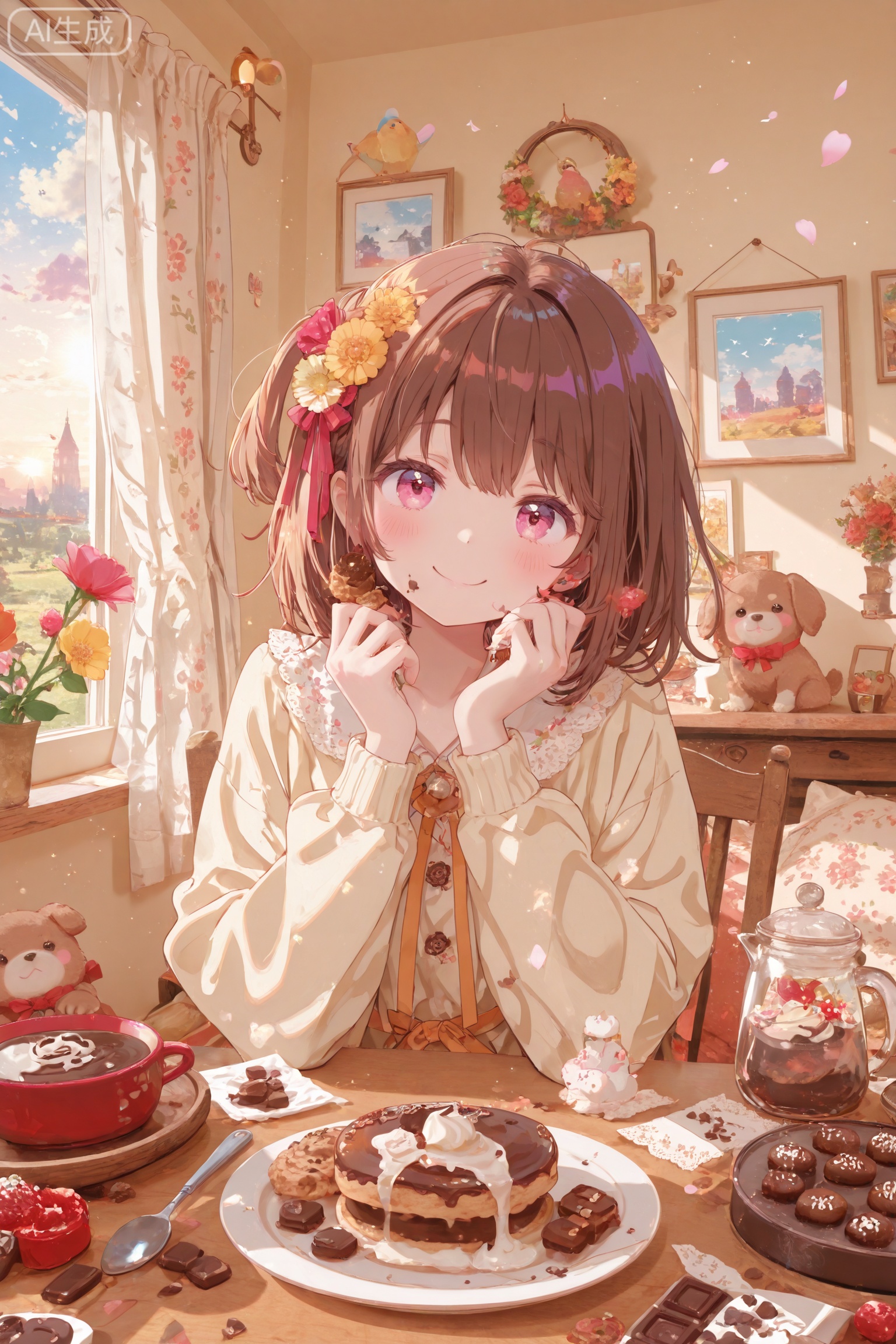 On a warm and dreamy chocolate morning, sunlight streamed into the room through the curtains, illuminating the entire space. The room is filled with the rich aroma of chocolate, and colorful chocolate art paintings hang on the walls. The table was covered with all kinds of chocolate treats: chocolate pancakes, hot chocolate, brownies, and a plate of freshly baked chocolate chip cookies.

On this warm morning, a cute girl wearing comfortable home clothes is sitting at the table enjoying her chocolate breakfast. She had a sweet smile on her face and her eyes sparkled with excitement. There was a puppy beside me, looking expectantly at the food on the table, and seemed to want to share this sweet morning.

Outside the window is a sunny garden, with birds singing happily on the branches and flowers blooming in colorful colors, adding to the atmosphere of warmth and happiness. All this makes people feel peaceful and satisfied, as if every day can start with the sweetness of chocolate.