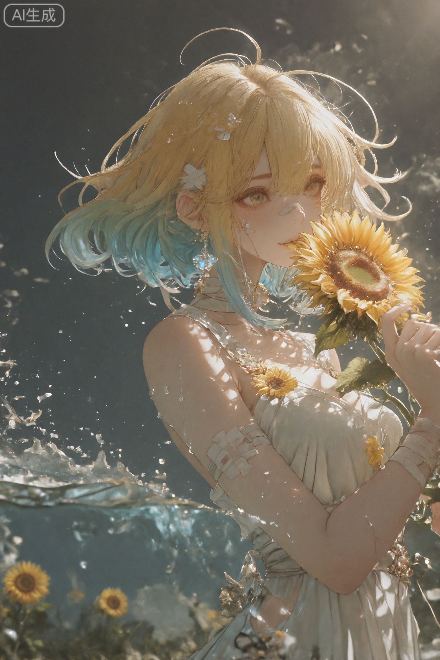 Sunflowers, fields, sunshine, sunflowers in arms. The hair and gauze slowly rise and fall with the water flow, slowly floating up from the girl's side, trailing a translucent stream of light. When the girl falls, her fingertips curl up unconsciously, causing the garland on her wrist to dangle. A close-up shot focuses on the face to show her gorgeous light and elegant elegance. A close-up shot shows the details of her hair and gauze. A shallow depth of field is used to process the foreground hair and wind. The clear and sharp background is blurred into hazy ink. The picture has a bioluminescent dreamy atmosphere that makes people fascinated. It is beautiful and hand-painted.