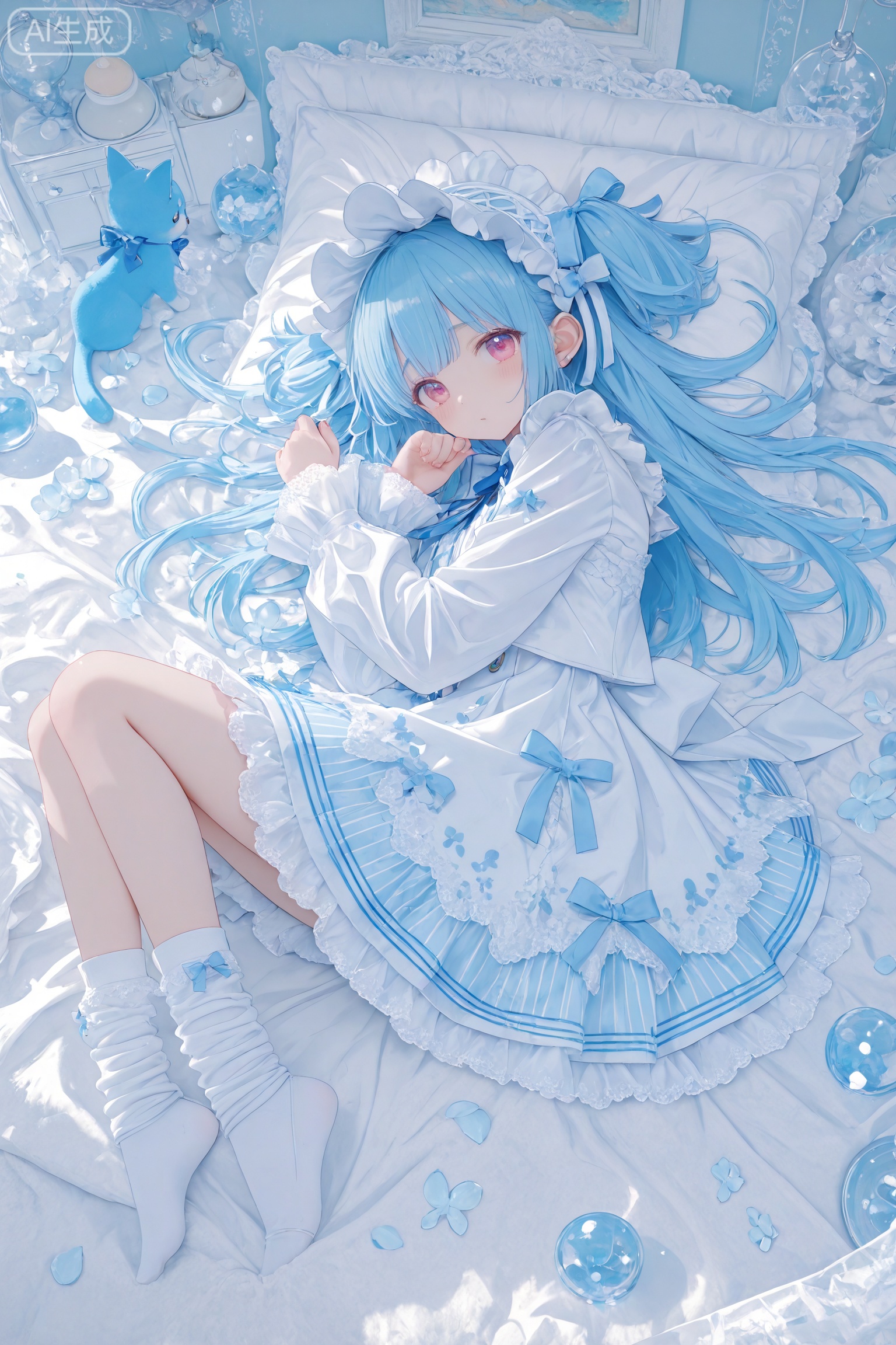 Japanese anime-style vertical painting depicts a gorgeous Lolita image, with elements such as bows, piles of socks and small objects all over the body. The colors are mainly blue and white. Shown from an angle diagonally above, the composition of the picture is rich, allowing the viewer to see more details, and there are some small decorative Q-versions of kittens on the body. They look very, very cute.,0,无