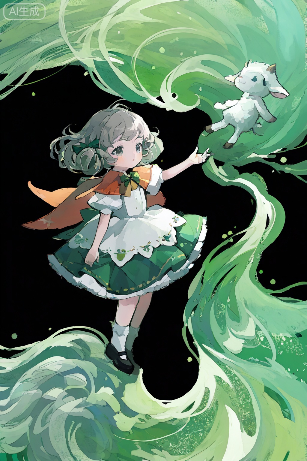 Flat illustration, watercolor painting, color blocks, abstract, cute, little girl with golden curly hair, green ornate skirt, doll, lamb, sense of atmosphere, sense of story, master composition, aesthetic, dreamy, smudge brushstrokes, black background