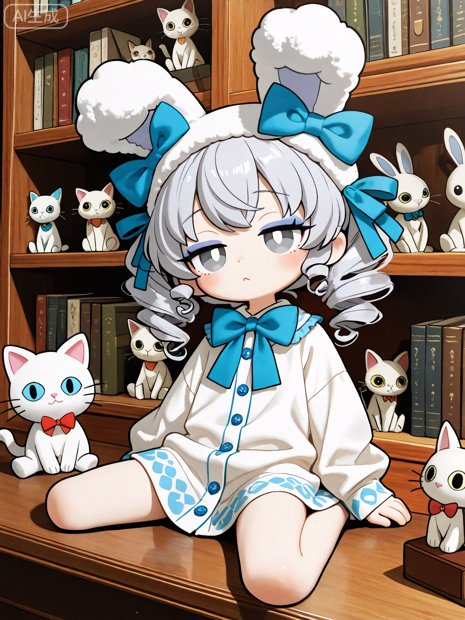 Hand-painted illustration style, mainly blue and white tones, cute girl image, light blue curly hair, white plush rabbit ear hat, hair with multiple white cat hair accessories, light purple gray tones with slightly red eyeshadow, loose clothing with blue and white matching, cute patterns and blue bow decoration, background is filled with shelves around cartoon cats, the atmosphere is sweet, soft, lazy and leisurely, light and shadow are soft and hazy, the picture quality is delicate and hand-painted grainy, the composition is close-up of close-up characters, the figure is lazy, and the body language is relaxed
