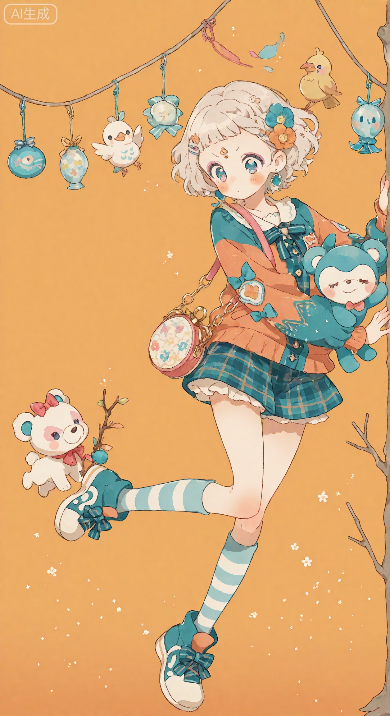 The super Q version of the girl is a delicate and delicate ornament with a head-to-body ratio of 1:1.2, showing a stance of standing firmly with her feet and looking down at the bear beside her. Her hair is a fluffy Pisces braid. Her hair is light and has a clear texture. Her texture is as delicate as gentle linen, with a warm texture and layering. It is a flexible and natural soft ceramic resin texture, which fits the retro childlike theme with a fluffy three-dimensional style. The fine bangs on the forehead are naturally scattered. The braid is decorated with colorful clips and flower rubber bands, showing the innocent and retro temperament; the makeup on the face is centered on the retro childlike fun, with curved and slender eyebrows, and the eyeshadow is light brown and light pink gradient. Smudge, blush is selected as a vital orange pink, with fine freckle texture, clear and droopy eyes, with natural fiber-slim eyelashes, light brown gradient edges, second-dimensional hand-painted gradients in the eye pupil, with bright white highlights, and a light purse-slim curves; the clothing is a light retro plaid short jacket, paired with striped socks and plaid shoes, the main color is brown plaid and blue, auxiliary color colorful cloth patches, bright color decorative buckle metallic luster, the pattern is a simple cloth patch shape, the material is real, the neck mini mutt hanging decoration, the ear flower earrings; the base is a mini fence, strange tree twigs (pering small dolls, birds, and small decorations for hanging apples ), the warm orange background changes the sky, and the soft light forms light and darkness in the fluffy hair and the folds of the clothing, presenting a full-body shape. The striped socks and plaid shoes on the lower body are decorated clearly and coherently echo. The Q-version ornaments present a unique atmosphere of retro, innocent and fantasy.