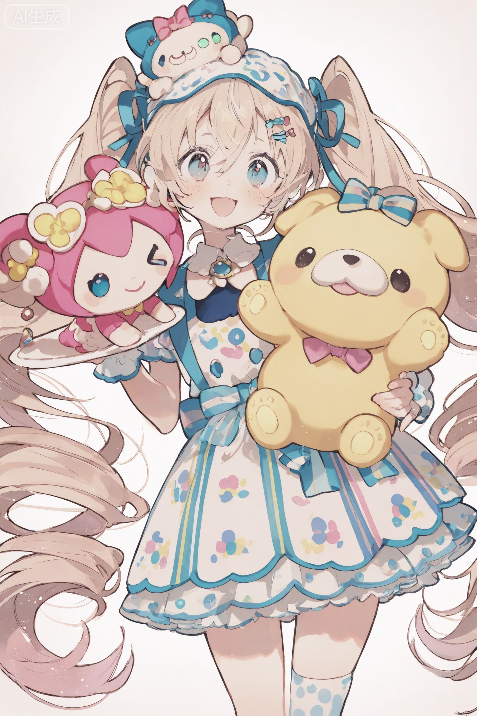 Two cute Melody and Yugui Dogs are anthropomorphized into girls, with super long curly hair fluttering in the wind, and each wears a plush doll-style hairpin on its head. Wearing a cake puffy skirt and short skirt, standing in front of a background full of small desserts, sweet and charming. The light is soft, creating a warm atmosphere, the picture is bright in color and rich in details.