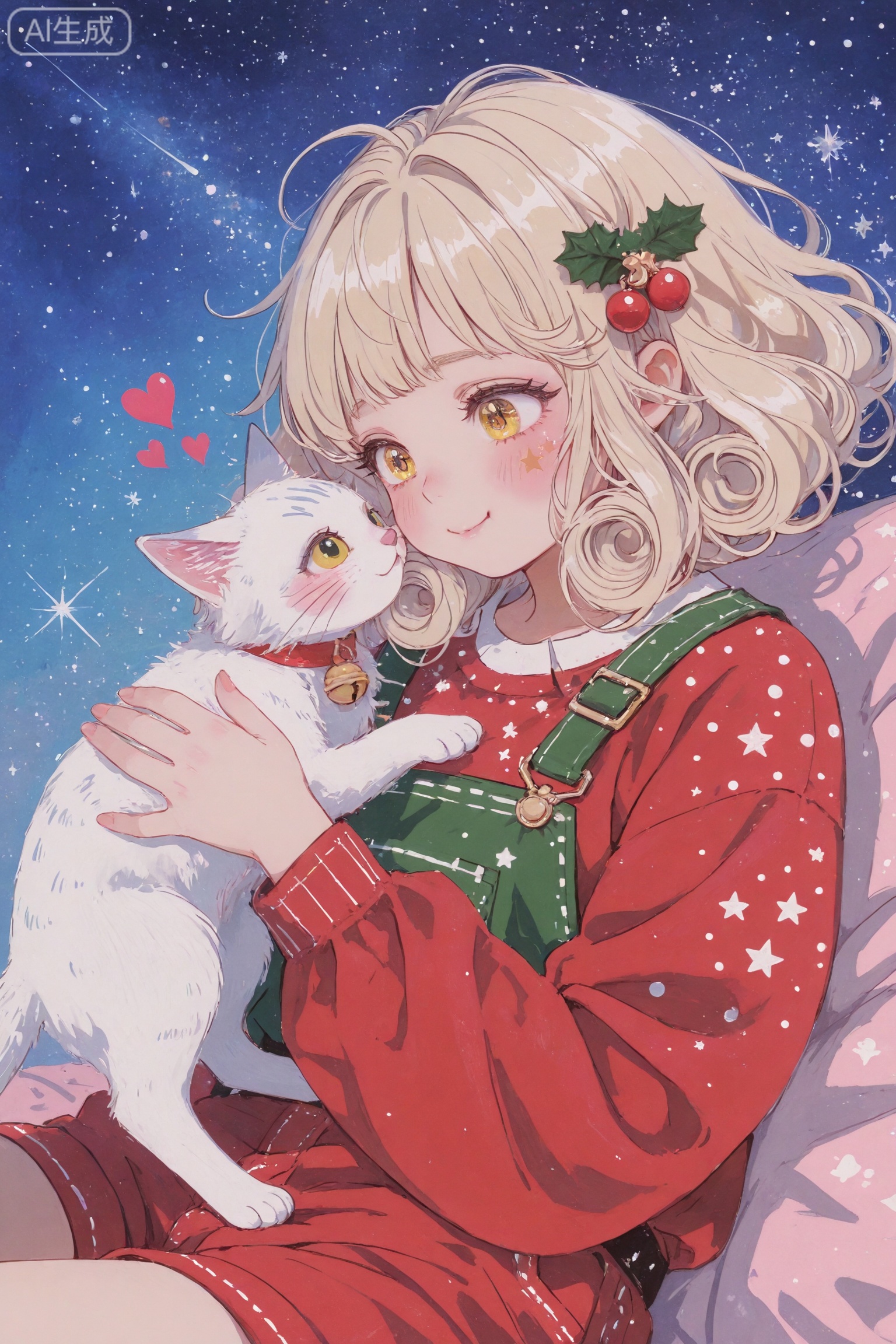 This is a Christmas fantasy illustration full of girls' hearts. It is an oil painting with watercolor and red and green colors. It shows the intimate relationship between a curly-haired girl and a cat. The overall style is sweet and spirited, full of fairy tale feeling: in the center of the picture is a girl with curly hair, with pink and plump cheeks, and a pair of oversized eyes that are particularly eye-catching. The pupils are dotted with star spots, and the eyelashes are long and thick. The white cat next to her presses her face towards the girl, and her yellow eyes are also starry. The interaction between the two is intimate and healing. The main color is a highly saturated color, with curly hair and yellow eyes, the color is bright and harmonious; the brushstrokes have the texture of oil pastels/impasto, and the embellishment of star glitter elements gives the picture a more dreamy atmosphere.,ZSCQ