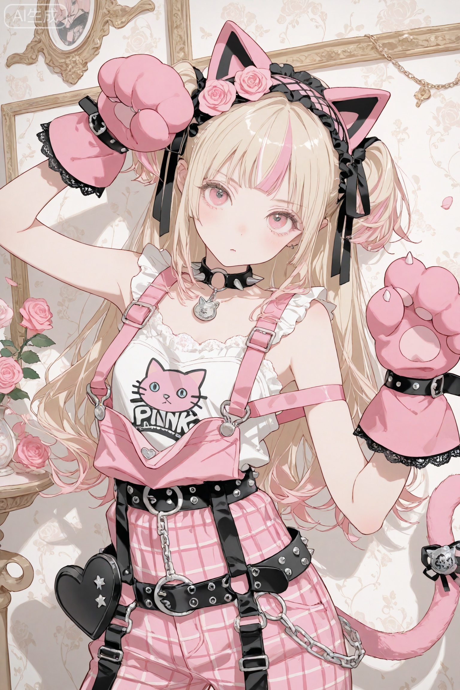 A goddess, with long wavy light blonde hair, light pink highlights, a cat pendant in her hair), narrow and charming eyes, a light pink cat ear headband on top of her head, and a silver clavicle chain (butterfly). A beautiful girl stands elegantly, her hands are like hearts, and her posture is slightly cool. She is wearing a pink (faded pink) punk style outfit: pink (faded), pink straps with cat patterns on the chest, long plaid rose-pink gloves, pink (faded) old-style pants (with black love decorations and metal accessories), and a black belt. The overall look is full of punk and subculture personality.