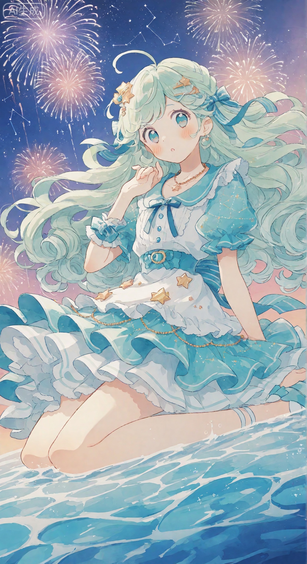The background is white, the cool and cool girl in the second dimension, fashionable theme, extremely imaginative, rich association, watercolor fusion ink, very design-oriented clothing, character design, super details, and hair. A sense of layering. Complex, light green long curly hair draped with hair. American style. Royal sister. Light green long skirt. Glossy ribbons are embellished. High-end clothes. Layered skirts. The skirt participates in the color and white of dots. Fireworks. necklace. Yellow star constellation decoration.