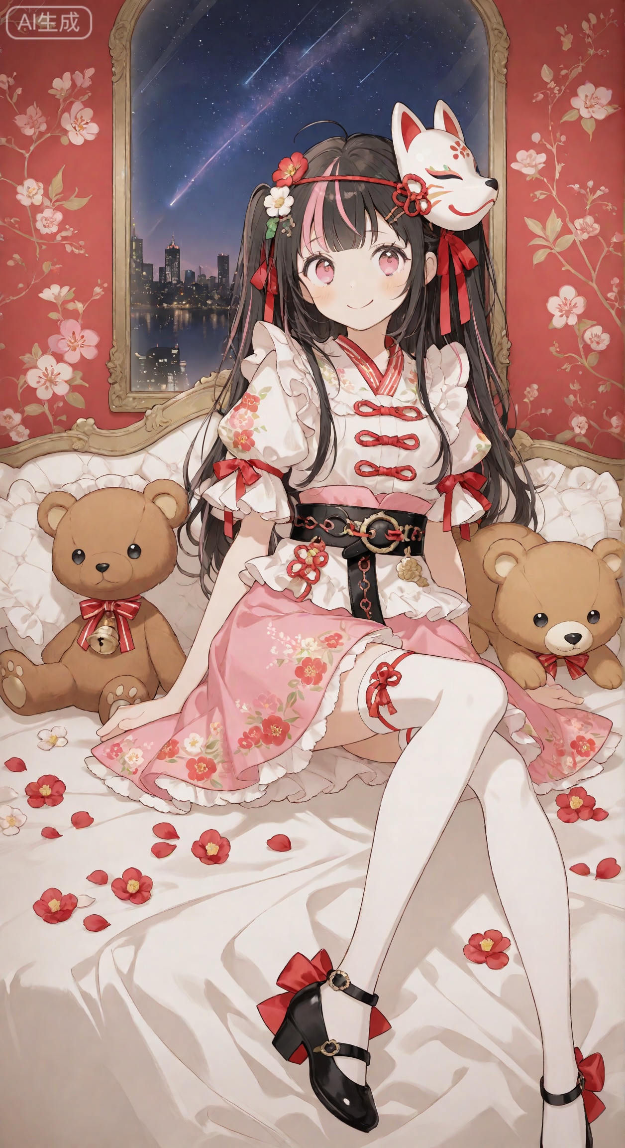 Anime style, a beautiful girl with long dark hair with pink highlights, wearing a white fox mask decorated with red patterns and flowers on her head, with pink eyes and a gentle smile. She wore a white short-sleeved shirt, a pink skirt with decorative belt (with knot details), paired with white over-knee stockings, and pink thick-soled Mary Jane shoes decorated with red bows and small flowers. She was sitting on a bed covered with white bedding, next to her a brown teddy bear with a red bow tied with a small bell. The background shows the night cityscape through the windows, as well as starry sky and shooting stars. The interior is light soft and framed floral paintings are hung on the wall. The image has rich details, bright colors and clear focus, which is a masterpiece.