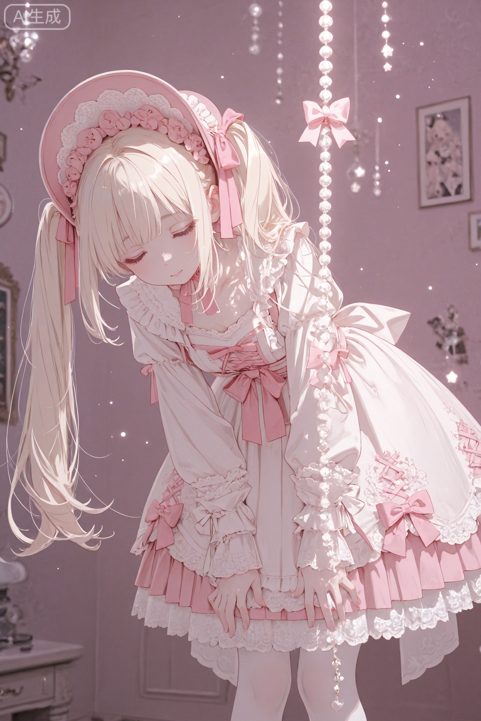 A two-dimensional style, a light pink Lolita girl, with long light blond hair, double ponytails hanging down, pink bows in her hair, and a Lolita hat of the same color on her head, with delicate pleats on the edge of the hat. Wearing a light pink Lolita dress with white lace and a pink bow at the neckline. The eyes show a hazy light tone, and the facial style is pale and delicate in a Gothic style. The picture is dotted with tiny stars, creating a dreamy and sweet atmosphere. Soft light, high details, high resolution, low saturation, illustration