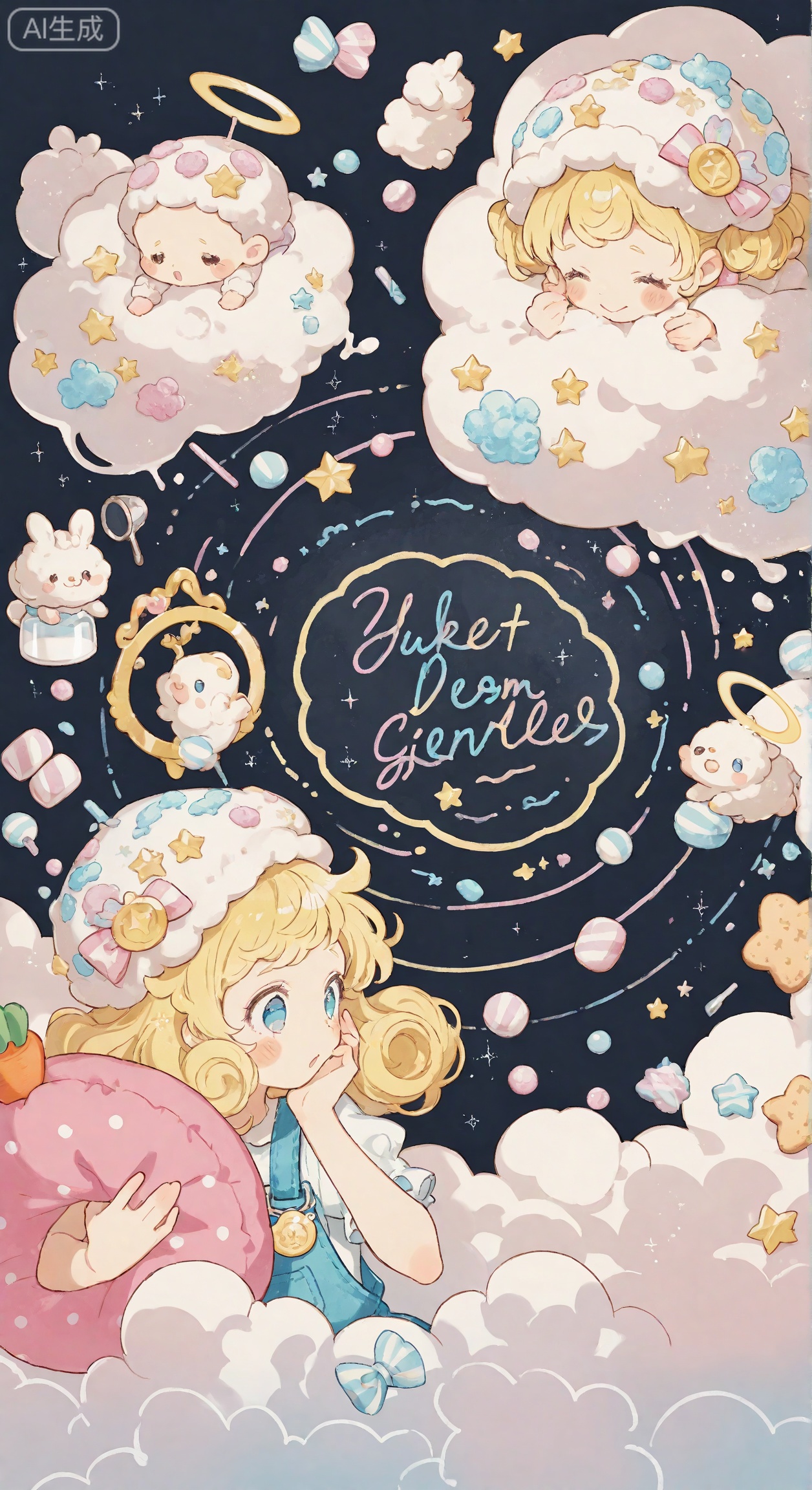 Cream powder blue soft and cute badge style, round composition, 2D young cute boy (light golden curly hair is naturally fluffy, holding both hands on the cheeks, eyes bent into crescents, eyelashes are like small fans), buttery white cloud hat on the top of the head (light blue slutballs on the edge), surround decoration: drooping rabbit stickers (holding carrot pillow), rainbow marshmallow clouds, handwritten text (DO NOT TAKE, sweet dream), embellished mini bottles (with milk bubble overflow effect), star biscuit pattern, overall cream powder + baby blue color matching, pure black background, sticker texture (with fluffy smudge effect + light pink gradient stroke), the character is covered with a faint warm yellow halo, as if it is gently wrapped in sunlight, the atmosphere is soft enough to make the healing feeling of pinching out water