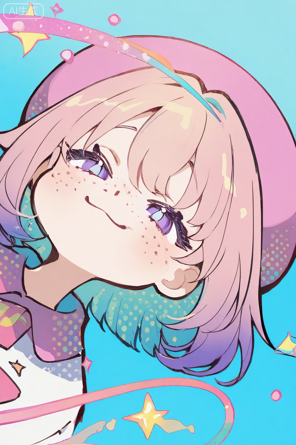 Japanese Q version 2D cute style, blue-haired girl wears pink hats with yellow and green stars, round eyes, blue pupils, cheeks with freckles, relaxed posture and soft and pleasant expression. She uses soft diffuse reflection light to create simple light and shadow through the depth of color, and uses high saturation multi-color (pink, blue, yellow, green, purple, etc.) to convey a cheerful and innocent atmosphere. It is shaped by simple and smooth lines, flat paint and simple gradient coloring. The close-up composition is combined with macro flat viewing angle to focus on the head