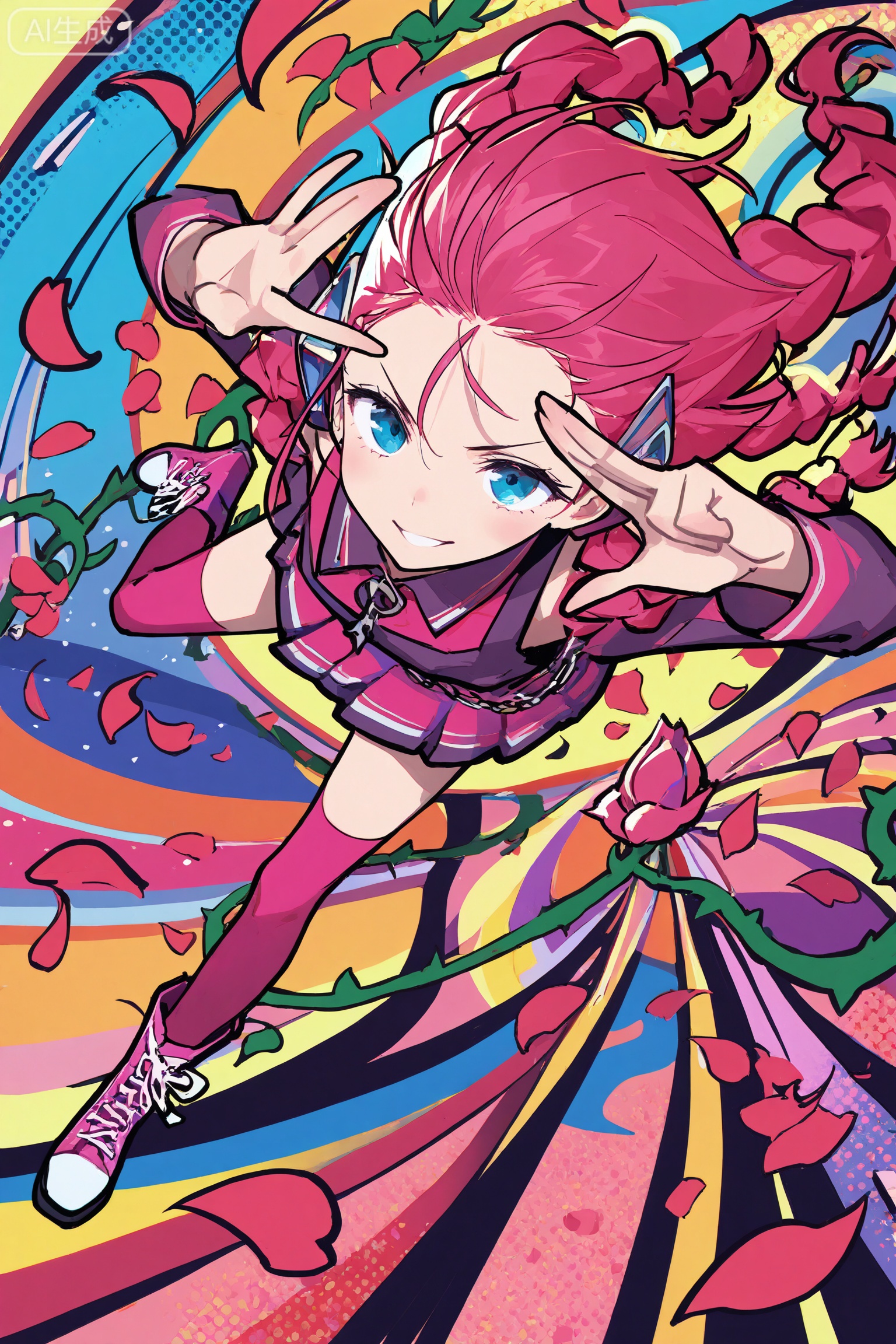 Ceramic sculpture girl, q version, Clairy Laurence style works, pink crimson, petals, vines, fashion illustration, brutalism, gorgeous curly hair, many braids at the end of the hair, perspective, rich details, pop art, full body, trendy clothing, fashion, clear illustrations, bold lines

The abstract style collides with avant-garde trendy elements, presenting the mixed artistic characteristics of Becca Doodlefly, Sandara Tang and Kitaka Amano. 8k clarity