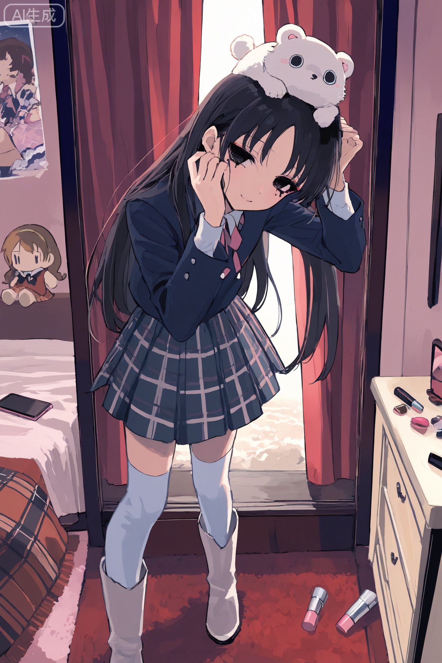 Anime hand-painted style illustration, indoor scene, Japanese anime face, girl's heart is dim at night with a balcony, girl is wearing makeup, and the bed is light blue. Slim girl idol hair accessories idol style clothing girl cold and charming girl long black hair, mysterious, cold and dignified, charming, royal sister, temperament contrast, sister, narrow eyes, girls air bangs. , with hair hanging behind the ears, wearing fluorescent-shaped cat earphones. White over-knee socks and white boots. The phone on the child is showing a video call with her boyfriend. There are many relaxing bear dolls beside me, black lace curtains, and it is raining outside the window at night. There is a white table on the head of the bed, a gray plaid lace tablecloth, and various cosmetics and makeup brushes on the cosmetics are placed neatly in the box, and several mini girl heart figures are also placed. There is a petal chair in front of the makeup table, next to it is a mobile phone, and the makeup mirror of the makeup table illuminates the room. There are many cute lolita skirts hanging in the closet, and there are many relaxed bears and rabbit bear dolls on the closet. The wardrobe is stuffed with a huge fluffy cat claw carpet by the bed, and there are many cat claw patterns and cute posters on the wall. There is an orange-white kitten sleeping on the bed