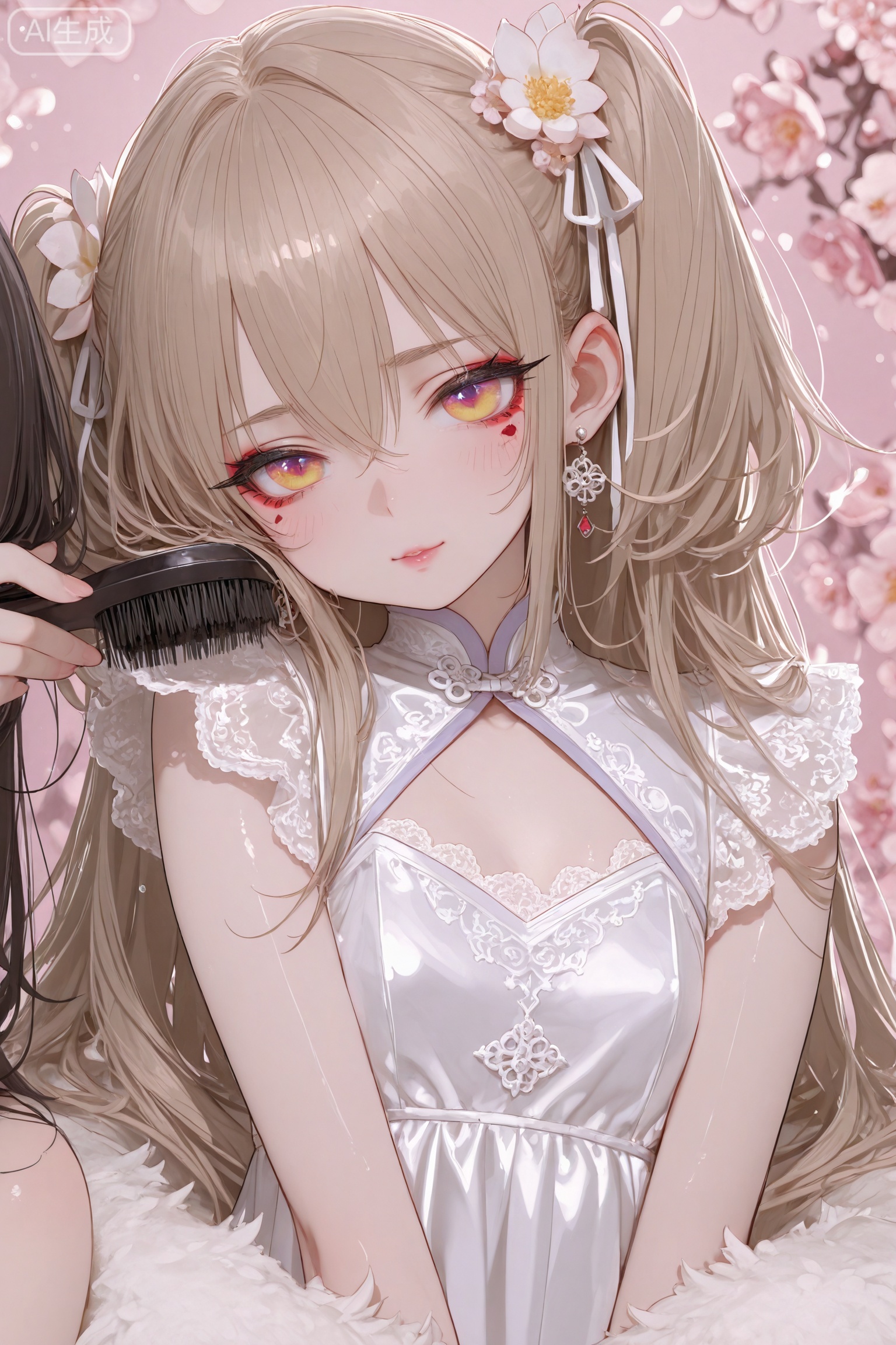 A soft girl with long hair, soft and cute, her baby face shows youthful vitality, and at the same time she has a cold and melancholy style. Beautiful appearance, exquisite makeup, deep and mysterious eye makeup, close-up of the face, skin as white and tender as jade, picturesque eyebrows, long eyelashes, phoenix eyes, full and shiny lips, gorgeous jewelry, with a hint of charm, coolness, and charming expression. She is wearing a Chinese-style anime Lolita cosplay dress, with a flower in her hair. , a cute and cute-looking insensitive girl, pure lust, cute expression, young and petite, cold-white-skinned beauty, fair skin, idol temperament, smooth, daughter-in-law temperament, light brown twin ponytails, light brown straight part of dark long hair tied up, young and petite, with natural fluffy and hanging hair, long hair scattered on both sides of the shoulders, a few strands of hair brushing her face, wearing exquisite earrings, onnk