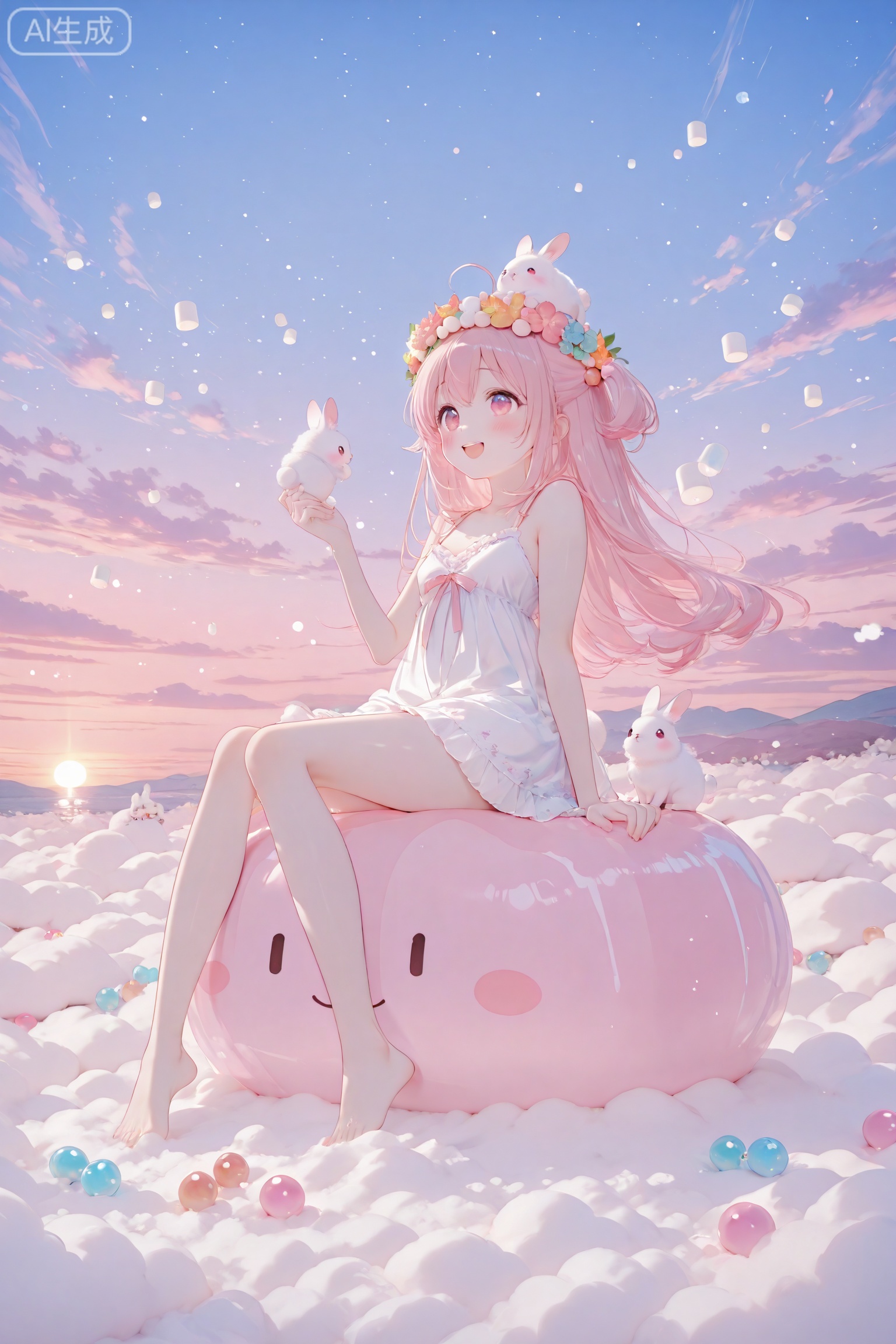 In a dreamy marshmallow dream, the sky is a soft pink and blue gradient, like a dreamy sunset. Huge marshmallow clouds float in the sky, with different shapes, some like cute animals, some like sweet candies, exuding a sweet smell.

In this paradise, a cute girl wears a light white dress and a wreath of colorful marshmallows on her head, with a happy smile on her face. She was sitting on a soft marshmallow grass, surrounded by colorful candies and desserts, like a wonderful world in a dream.

Next to the girl, there was a small white rabbit, its furry body covered with marshmallow powder, looking at her curiously. The whole scene is full of childishness and sweetness, making people feel warm and happy, as if they are in a carefree dream.