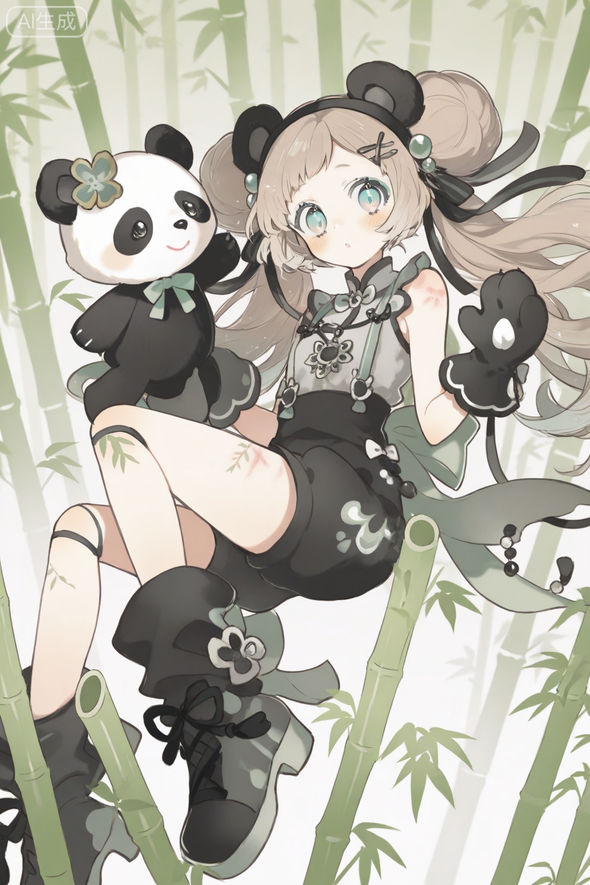 "Bamboo Shadow Cute Group·Yuanyuan"; exquisite, delicate and agile, with agile and beautiful soft ceramic ornaments, a super Q version of the second dimension girl; the hairstyle is a double bun, black main tone, white gradient at the ends, delicate, fluffy and layered hair, with grainy and hand-cooked marks, and a soft luster. The hair accessories are green hairpins with bamboo joints, paired with panda ear headbands, the color matching echoes the hairstyle and theme, the shape fits the Q-version ratio, the material is soft ceramic, and the bamboo joint texture and panda ear fluff are carefully engraved. The eyes are round and black, the second-dimensional hand-painted pupils sway like bamboo shadows, flashing fine light spots, cute eyes, hand-painted eyelashes, with a plush texture, and the lips are outlined with lines. The makeup is a light brown round blush, with a light black smudge around the eyes, which looks like a panda dark circle, and is in harmony with the theme tone. The clothing is black and white spliced ​​jumpsuits, bamboo pattern embroidered on the chest, plush edges on the cuffs and trousers, and white stockings on the legs and small black leather shoes. Accessories include bamboo-shaped necklace and panda claw gloves, and the color matching is black + white + green. The base of the scene is a bamboo forest shape, with bamboo shoots and bamboo leaves decoration and detailed carvings, small bamboo biscuit accessories scattered, and a raven panda lies at the feet. The overall light and shadow are linked to the texture of soft ceramic, showing matte reflection, the background is a dreamy bamboo forest and starry sky, the middle scene raven panda interacts with the girl, and the close-up focuses on clothing embroidery and accessories texture details, which is a dream.