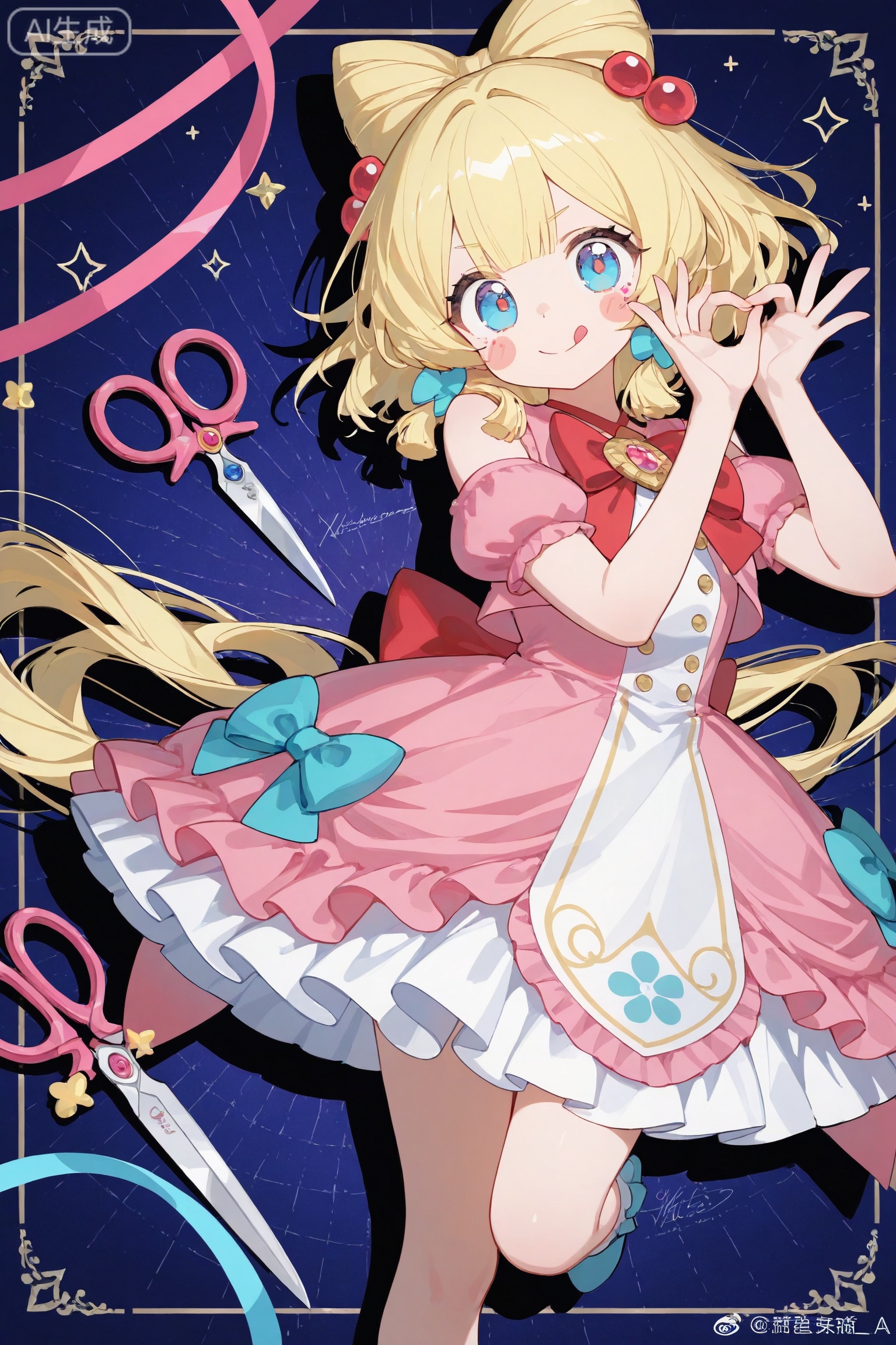 Set against a deep dark ink background, this work shows an exquisite cel style, with the main subject being a Q version of a cute girl in a two-dimensional anime style. Wearing a gorgeous Lolita dress, she has long flowing wavy hair and jewel-like blue eyes. The character is outlined with high-contrast white line drawing techniques, presenting a high-definition headshot-like facial close-up. The girl shows the classic scissors gesture to the camera. The entire picture is dominated by dreamy pink and white, and her arms are decorated with multiple colorful cute animal stickers. Dynamic highlight effects and particle effects are rendered on the edges of the characters, and layer difference techniques are used on the background. Dots of watermark-style cartoon stickers are scattered on the black ink canvas, and the use of voxel lights makes the entire scene full of three-dimensionality, perfectly avoiding a sense of monotony.