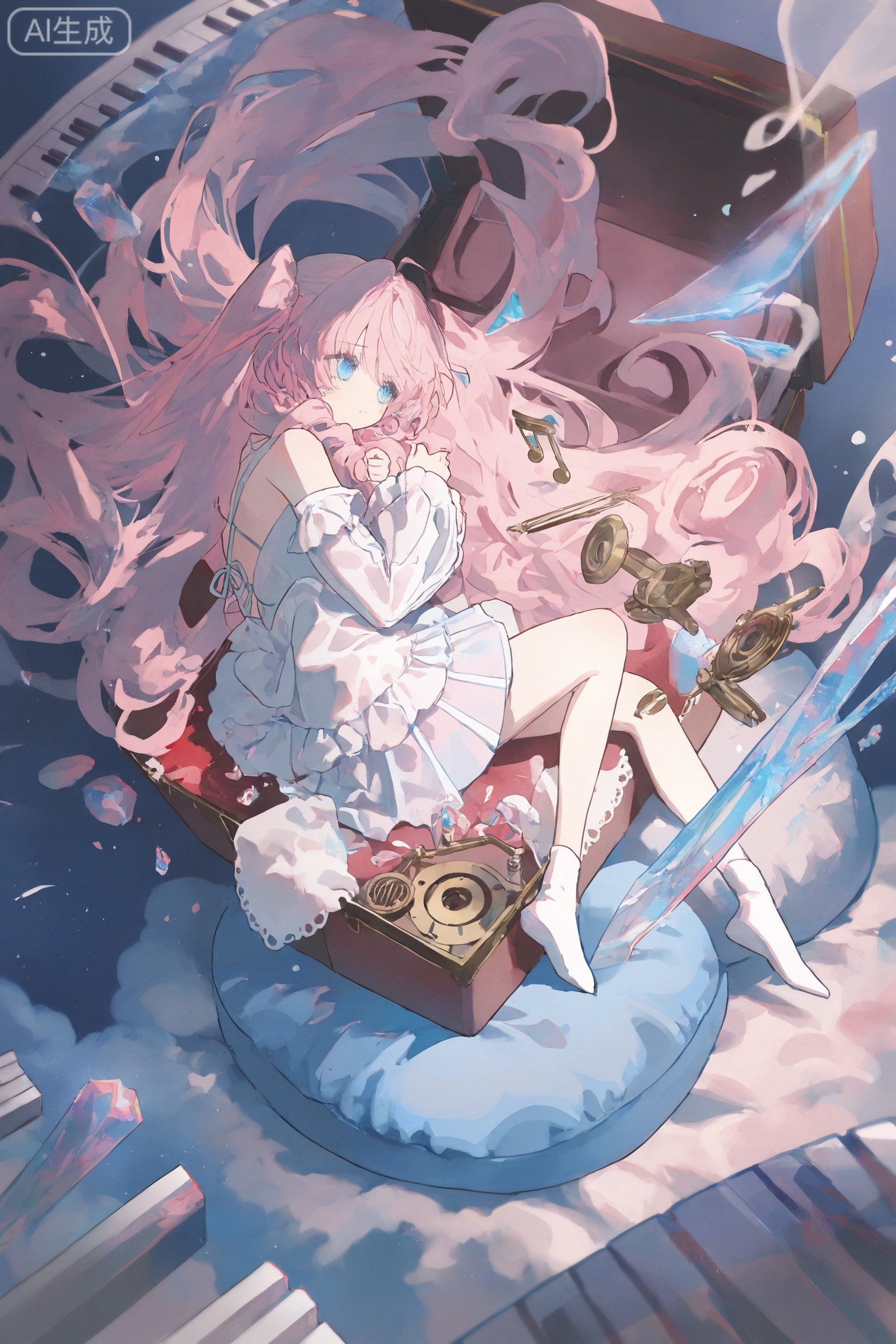 Dreamy watercolor style, soft smudged brushstrokes, sweet elements, copyright description frame, girl's body, light pink curly hair (the ends are curled, hanging from the gap of the half-open box lid, wrapping around the wheel of the box), creamy white satin skirt (the hem is fluffy, squeezed on the velvet in the box, the corners of the skirt are embossed with piano keys, and the neckline Swarovski crystal flashes with the action), gauze sleeve (the note track at the sleeve edge, one sleeve slides down, floating next to the cloud cushion in the box), fragile and gorgeous temperament, looking outward, you can see the girl being trapped in the transparent edge crystal music box, (the side length is 50cm, the lid is half open, with velvet bottom, mini piano, cloud cushion, rotating gear), knees against the inner wall of the box, back is attached to the bottom of the box, arms are crossed to the chest, eyes are confused looking out (through the gap of the half-open box lid ), matched with love and musical notes decorative stickers