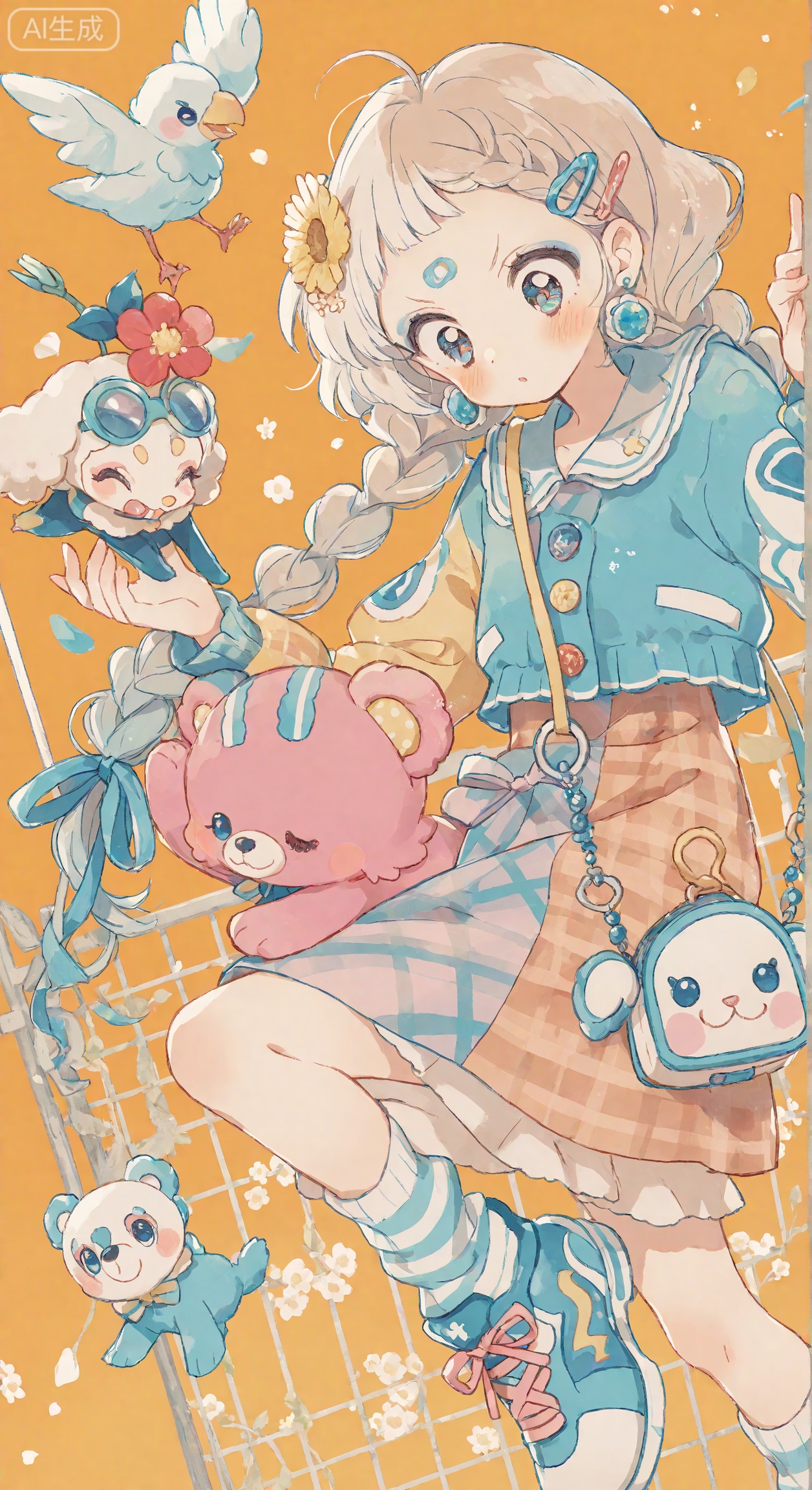 The super Q version of the girl is a delicate and delicate ornament with a head-to-body ratio of 1:1.2, showing a stance of standing firmly with her feet and looking down at the bear beside her. Her hair is a fluffy Pisces braid. Her hair is light and has a clear texture. Her texture is as delicate as gentle linen, with a warm texture and layering. It is a flexible and natural soft ceramic resin texture, which fits the retro childlike theme with a fluffy three-dimensional style. The fine bangs on the forehead are naturally scattered. The braid is decorated with colorful clips and flower rubber bands, showing the innocent and retro temperament; the makeup on the face is centered on the retro childlike fun, with curved and slender eyebrows, and the eyeshadow is light brown and light pink gradient. Smudge, blush is selected as a vital orange pink, with fine freckle texture, clear and droopy eyes, with natural fiber-slim eyelashes, light brown gradient edges, second-dimensional hand-painted gradients in the eye pupil, with bright white highlights, and a light purse-slim curves; the clothing is a light retro plaid short jacket, paired with striped socks and plaid shoes, the main color is brown plaid and blue, auxiliary color colorful cloth patches, bright color decorative buckle metallic luster, the pattern is a simple cloth patch shape, the material is real, the neck mini mutt hanging decoration, the ear flower earrings; the base is a mini fence, strange tree twigs (pering small dolls, birds, and small decorations for hanging apples ), the warm orange background changes the sky, and the soft light forms light and darkness in the fluffy hair and the folds of the clothing, presenting a full-body shape. The striped socks and plaid shoes on the lower body are decorated clearly and coherently echo. The Q-version ornaments present a unique atmosphere of retro, innocent and fantasy.