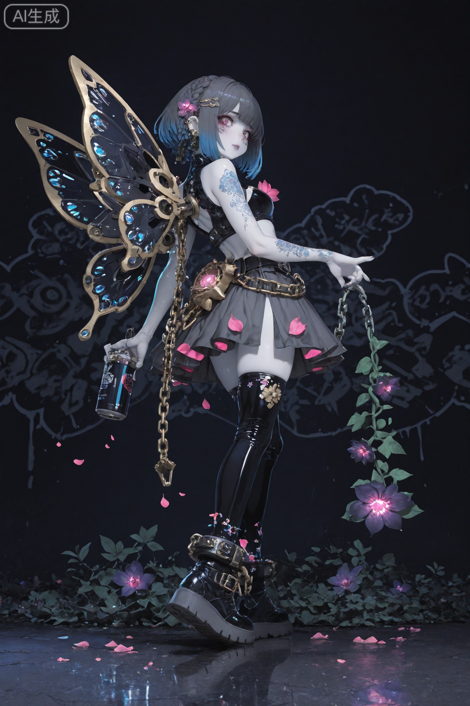Trendy and cool flower fairy IP image design Hair style: High-top highlighted short hair, gradient highlighted dreadlocks (embellished with metal flower pieces) Face: Mechanical flower petal eye makeup, cool white skin, sharp jawline, dark lip color, lip nails with dark lip glaze, single-sided mechanical flower-shaped eye mask, knuckle pattern with fluorescent flower vine pattern, tall nose bridge thin-framed metal mirror Details: metallic flower ear cuff, dark eternal flower hair clip (with aged metal feel) Clothing: functional petal battle suit, deconstructed petal skirt (slit on the side), tactical flower breastplate, hollow gauze layering items. Shoes: thick-soled Martin boots, dad shoes (3D printed three-dimensional petals embedded on the sides of the shoes). Accessories: leather vine belt, reflective material decoration, stockings with chains (mini velvet flowers on the socks), leather flower-shaped anklets wrapped around the ankles, and cool flower-shaped graffiti spray cans in hand. Main color: dark background color (black/dark grey) embellishment color: neon contrast color (fluorescent pink/electric blue) brightening color: metallic color (silver/gun gray) core visual elements wings: cyber petal wings, detachable mechanical flower wings on the back (with gear linkage structure) Decorations: gear-shaped stamen accessories, chain-wrapped braids, luminous pattern tattoos, cyber fluorescent stamens (glow in the dark), metal flower vine chains wrapped around the body (movable), street graffiti-style petal patterns (printed on clothing/accessories) 5. Body shape and posture Body shape: trendy Q-version body posture Posture: cool one-hand-in-pocket standing posture, suspended flying posture, sharp eyes with sharpness, street-like tension in the limbs, slightly raised chin posture with a sense of disdain in the eyes, onnk,0