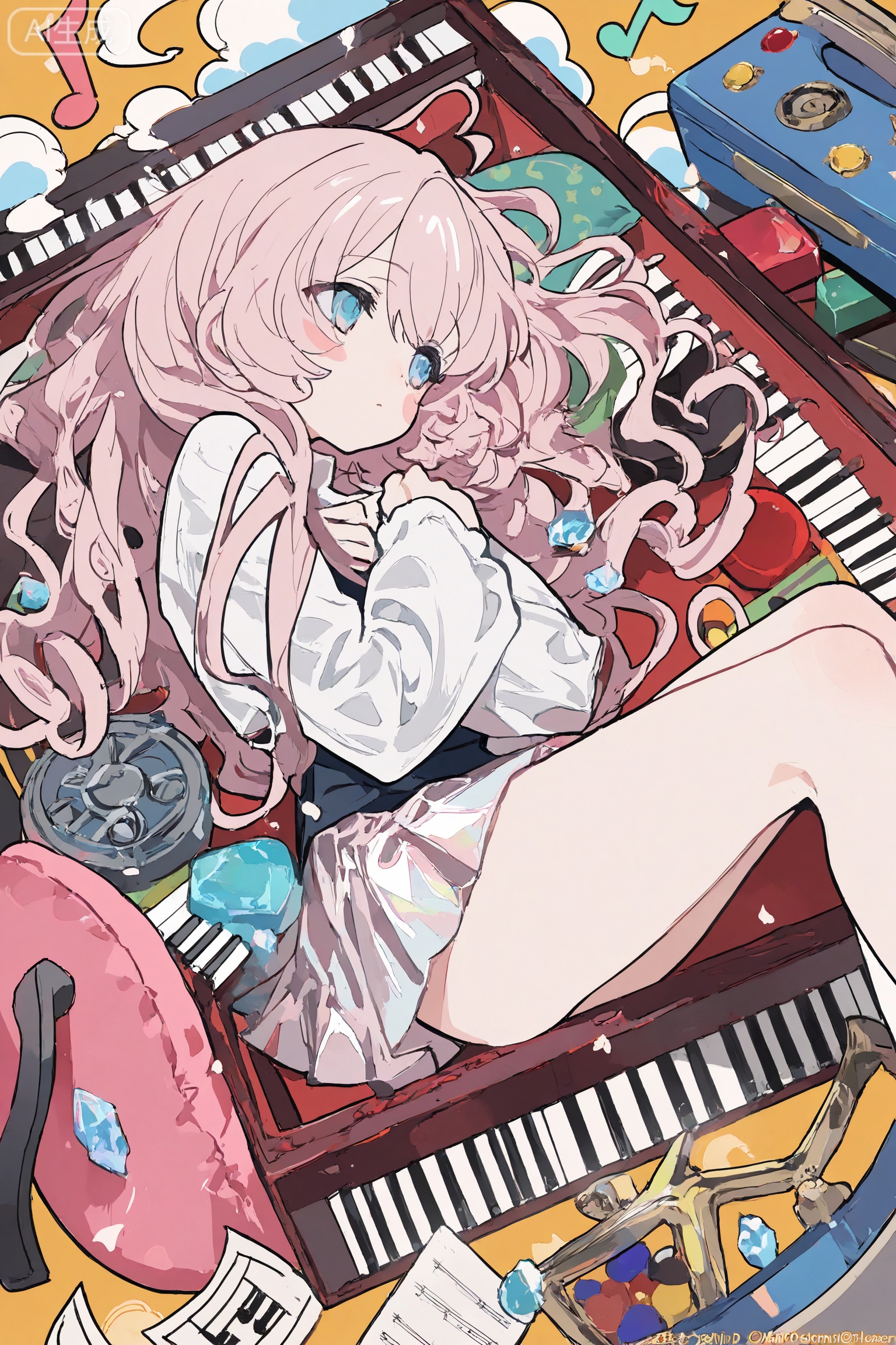 Dreamy watercolor style, soft smudged brushstrokes, sweet elements, copyright description frame, girl's body, light pink curly hair (the ends are curled, hanging from the gap of the half-open box lid, wrapping around the wheel of the box), creamy white satin skirt (the hem is fluffy, squeezed on the velvet in the box, the corners of the skirt are embossed with piano keys, and the neckline Swarovski crystal flashes with the action), gauze sleeve (the note track at the sleeve edge, one sleeve slides down, floating next to the cloud cushion in the box), fragile and gorgeous temperament, looking outward, you can see the girl being trapped in the transparent edge crystal music box, (the side length is 50cm, the lid is half open, with velvet bottom, mini piano, cloud cushion, rotating gear), knees against the inner wall of the box, back is attached to the bottom of the box, arms are crossed to the chest, eyes are confused looking out (through the gap of the half-open box lid ), matched with love and musical notes decorative stickers