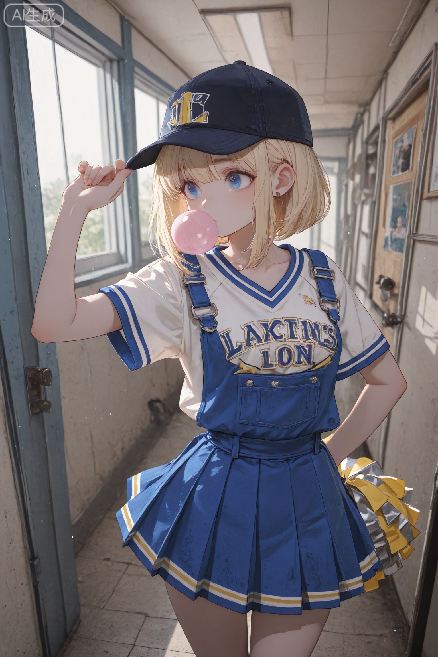 The American sweetheart, chewing gum at the corner of her mouth, wearing a baseball cap, cheerleading uniform, blond hair and blue eyes, sweetly adjusts the tone and atmosphere of the overall picture to complement each other, showing a unique high-end atmosphere and layering. , making the picture full of grain and texture. The techniques of thick application and smudged gouache are used to show the high-end atmosphere and layering of the paint texture. Atmosphere and layering, combined with Monet's oil painting style and anime watercolor style, using clear brushstrokes and soft light to show rich and bright colors. In the center of the picture, thick coating techniques and streamlined brushes are used to create a hazy, full composition, delicate details, hazy, dreamy feeling, and a picture full of story-telling atmosphere. The cel style is combined with a ten percent watercolor transition to create an atmospheric and mysterious image. At the same time, it has a cool pseudo-bjd style. The picture shows the fusion of textured lighting and natural light. The overall texture is ten, and the school corridor