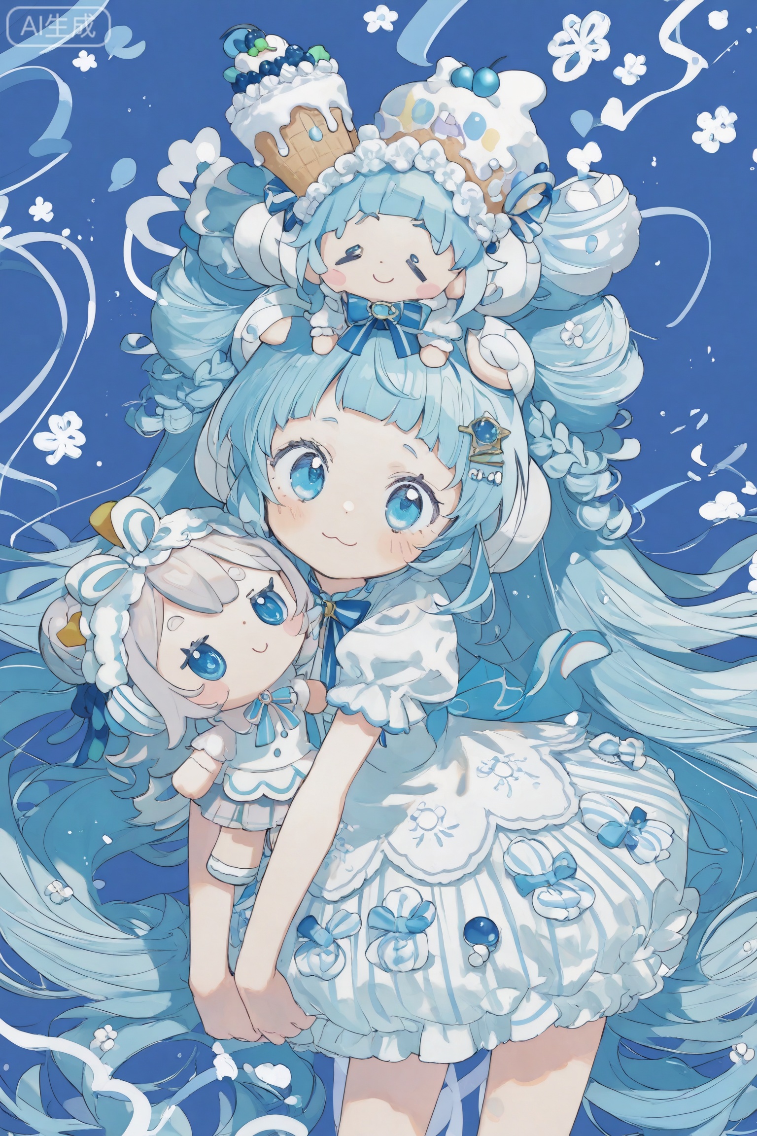 Super curly hair, radiant hair, anthropomorphic, cute girl, wearing a plush doll-style hairpin on her head, and a puffy cake skirt and short skirt. There are various small dessert decorations on the background. Anime version, 2D, blue and white color matching