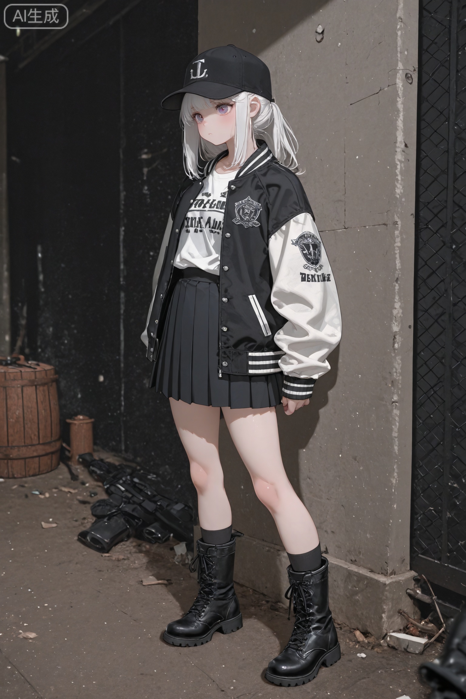 She clothing details (Attire) Baseball cap + baseball cap Baseball jacket/varsity jacket + varsity jacket White T-shirt + white t-shirt Black pleated skirt + black pleated skir Black combat boots/Martin boots + black combat boots Chinese comic style