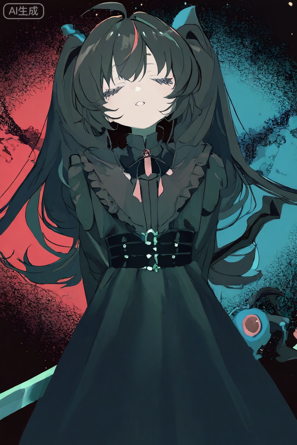 A sweet-looking demon girl is dressed in extremely exquisite Gothic clothing, with a dark and mysterious overall color, exuding a unique charm. She wore dark accessories, which complemented her Gothic clothing, further strengthening the dark and mysterious atmosphere. She had long hair with a little red in black, 2D