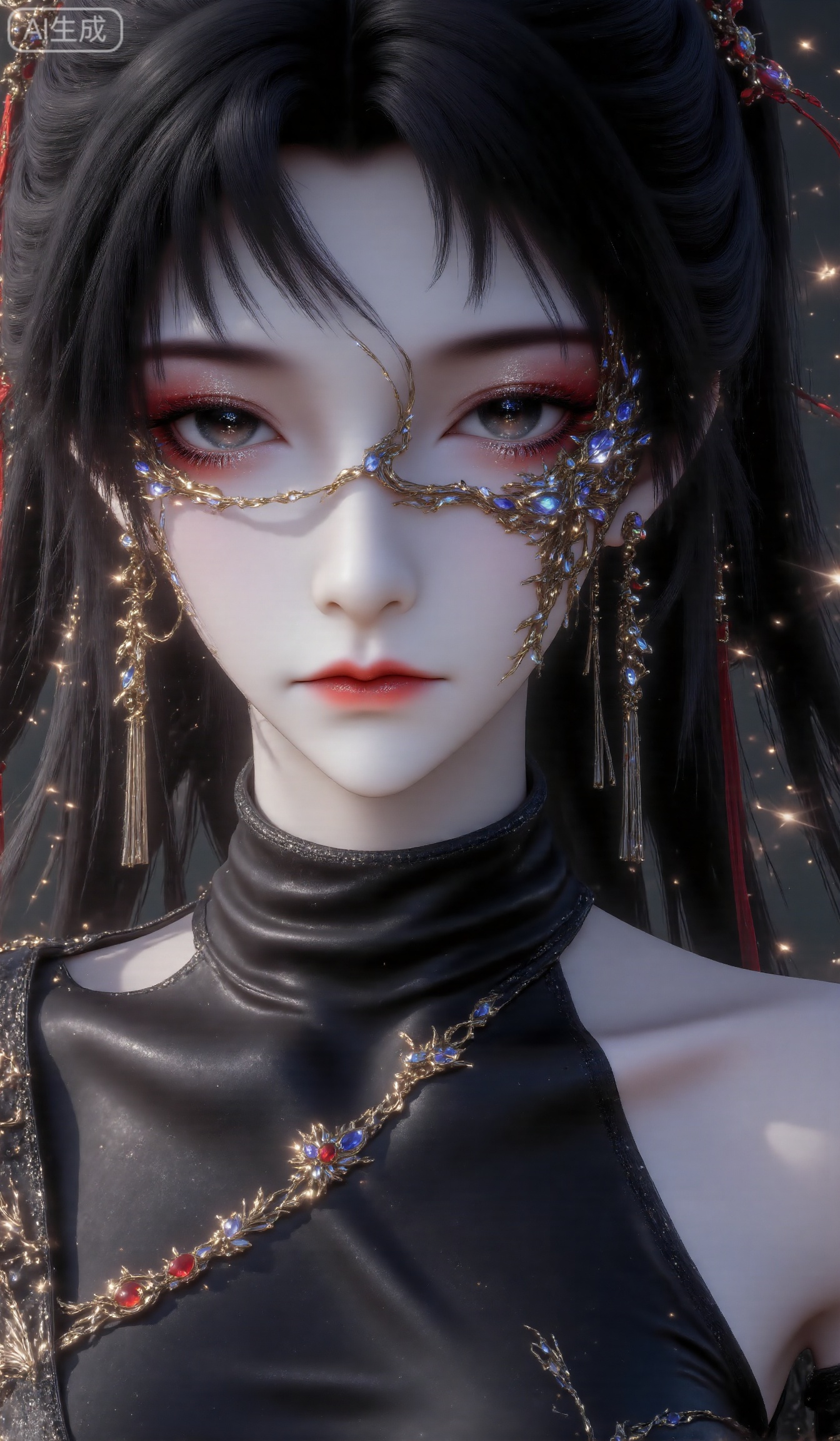 .Oriental fantasy style, a female character with exquisite makeup, bright eyes and cold feeling. Wear gorgeous golden eye decorations, with blue gems on the eye decorations and exquisite chain connections; the earrings are in a golden long tassel style, with a strong drape. Wearing a black turtleneck off-shoulder outfit, textured like leather. A necklace with red and blue gemstones and flower shapes were worn around her neck. The hair is black and partly decorated with red ribbons. The picture adopts a close-up composition, focusing on displaying the upper body of the character, and the light creates a mysterious and textured atmosphere. The overall style is gorgeous and mysterious, combining classical and fantasy elements. ,black,black clothes