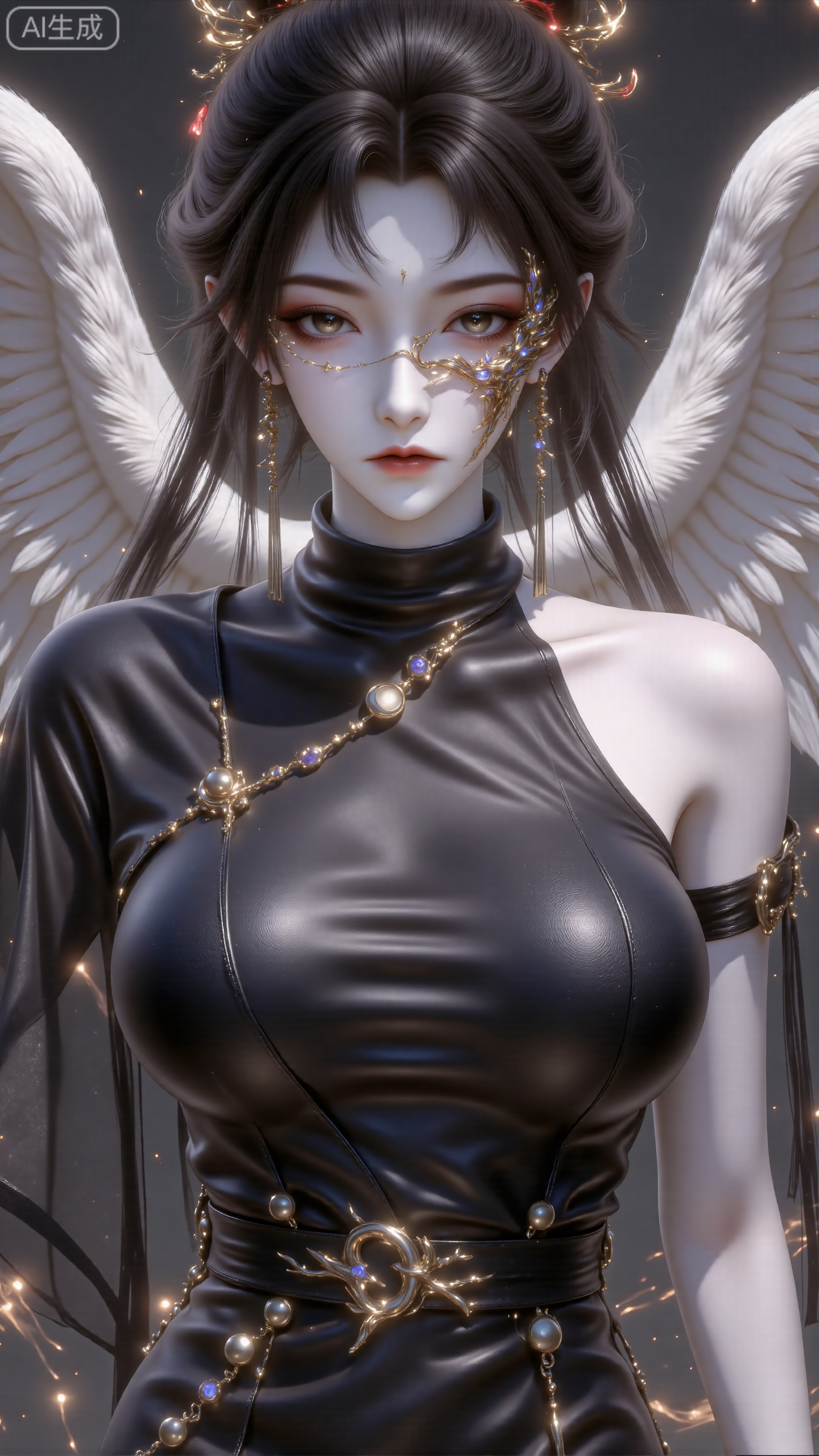 ZOZ_XUANHUAN solo, standing, wings, black eyes, no humans, halo, traditional media, parody, white wings, retro artstyle, tr_comic_style, 23,large natural breast,soft breasts,cy,black clothes