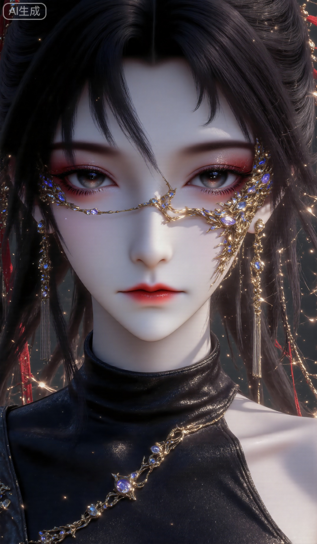 .Oriental fantasy style, a female character with exquisite makeup, bright eyes and cold feeling. Wear gorgeous golden eye decorations, with blue gems on the eye decorations and exquisite chain connections; the earrings are in a golden long tassel style, with a strong drape. Wearing a black turtleneck off-shoulder outfit, textured like leather. A necklace with red and blue gemstones and flower shapes were worn around her neck. The hair is black and partly decorated with red ribbons. The picture adopts a close-up composition, focusing on displaying the upper body of the character, and the light creates a mysterious and textured atmosphere. The overall style is gorgeous and mysterious, combining classical and fantasy elements. ,black,black clothes